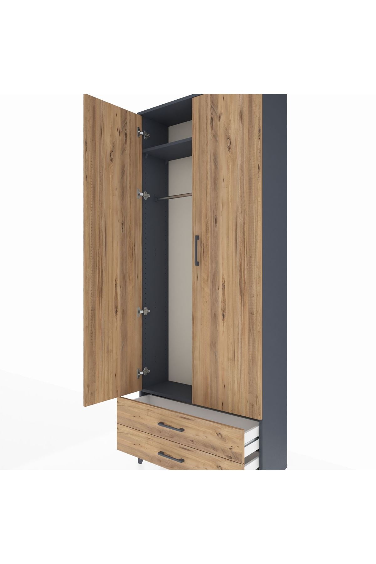 Arges Dolap 2 Raflı 2 Çekmeceli Tek Askılı 88x30x221 Antrasit-Çam