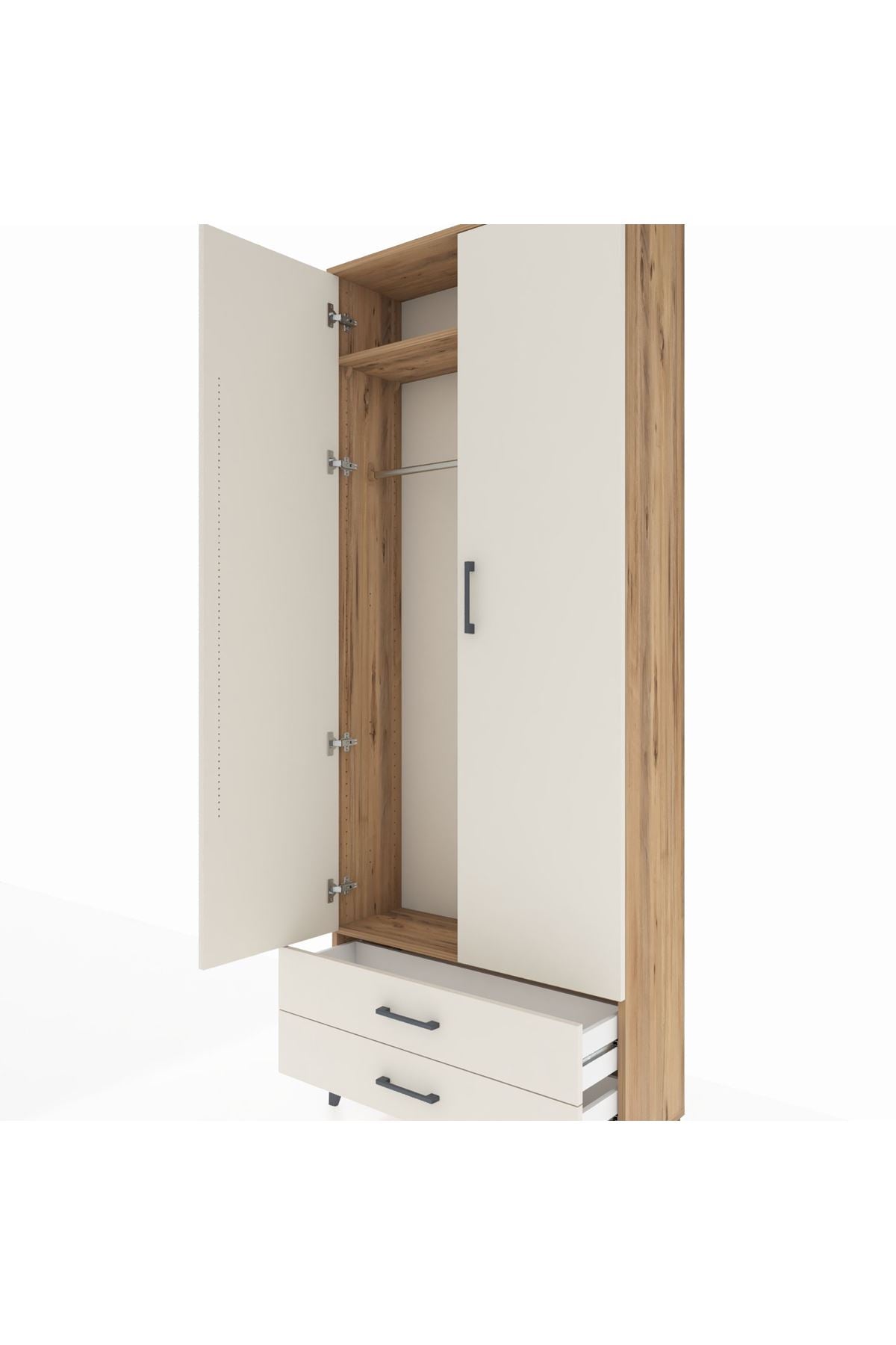 Arges Dolap 2 Raflı 2 Çekmeceli Tek Askılı 88x30x221 Çam-Aytaşı