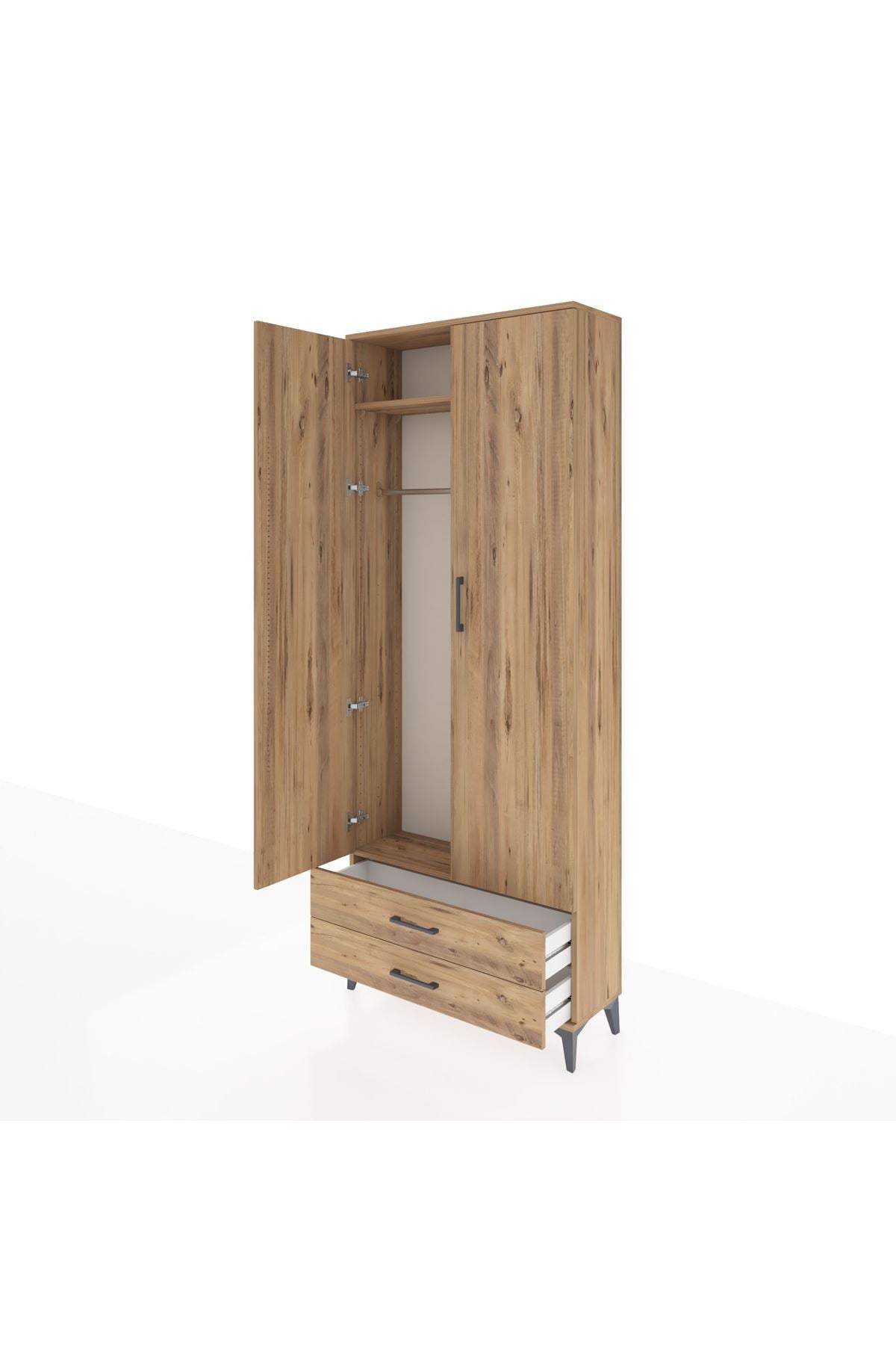 Arges Dolap 2 Raflı 2 Çekmeceli Tek Askılı 88x30x221 Çam-Çam