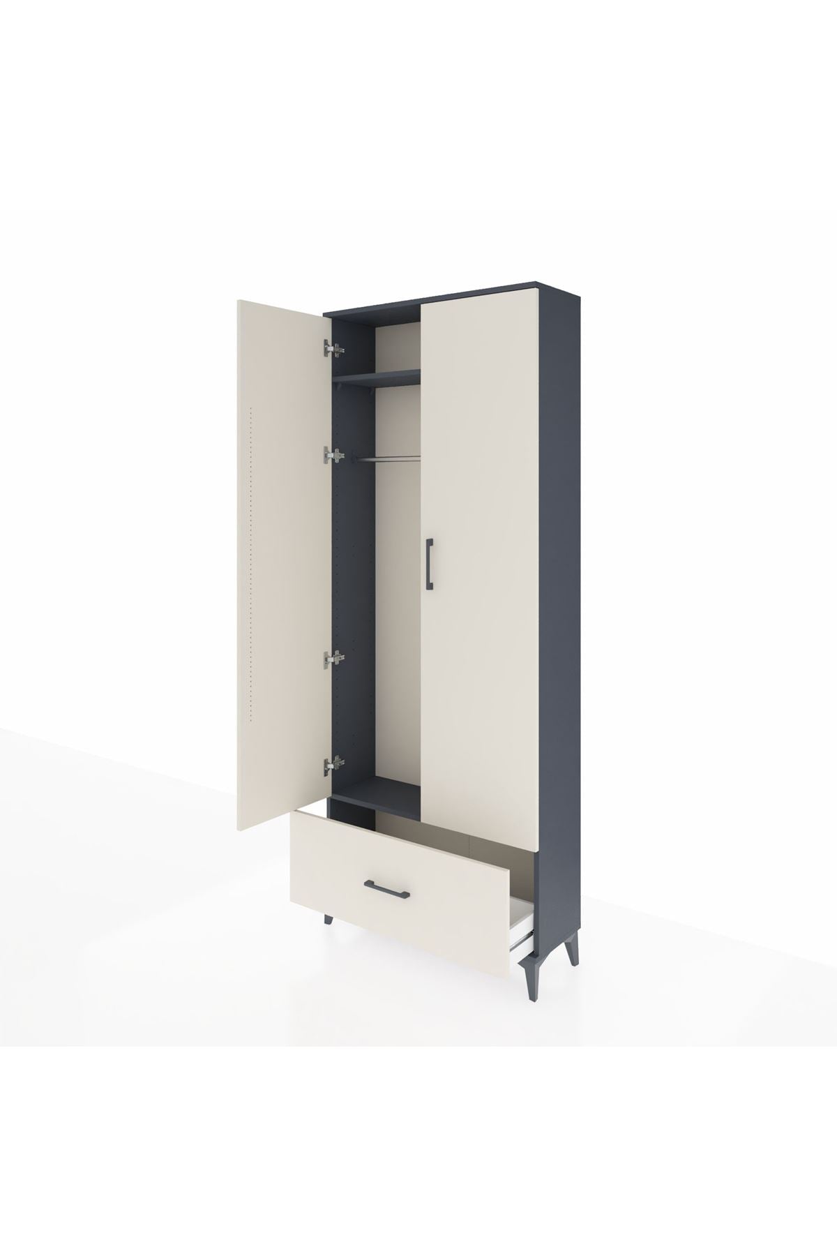 Arges Dolap 2 Raflı Tek Çekmeceli Tek Askılı 88x30x221 Antrasit-Aytaşı