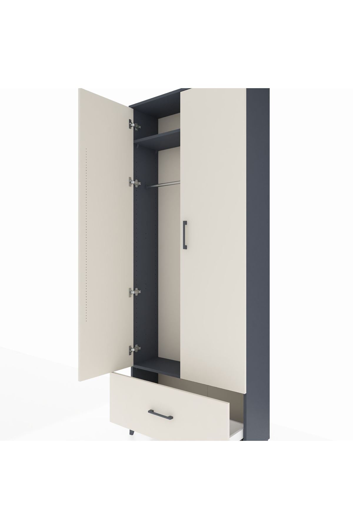 Arges Dolap 2 Raflı Tek Çekmeceli Tek Askılı 88x30x221 Antrasit-Aytaşı