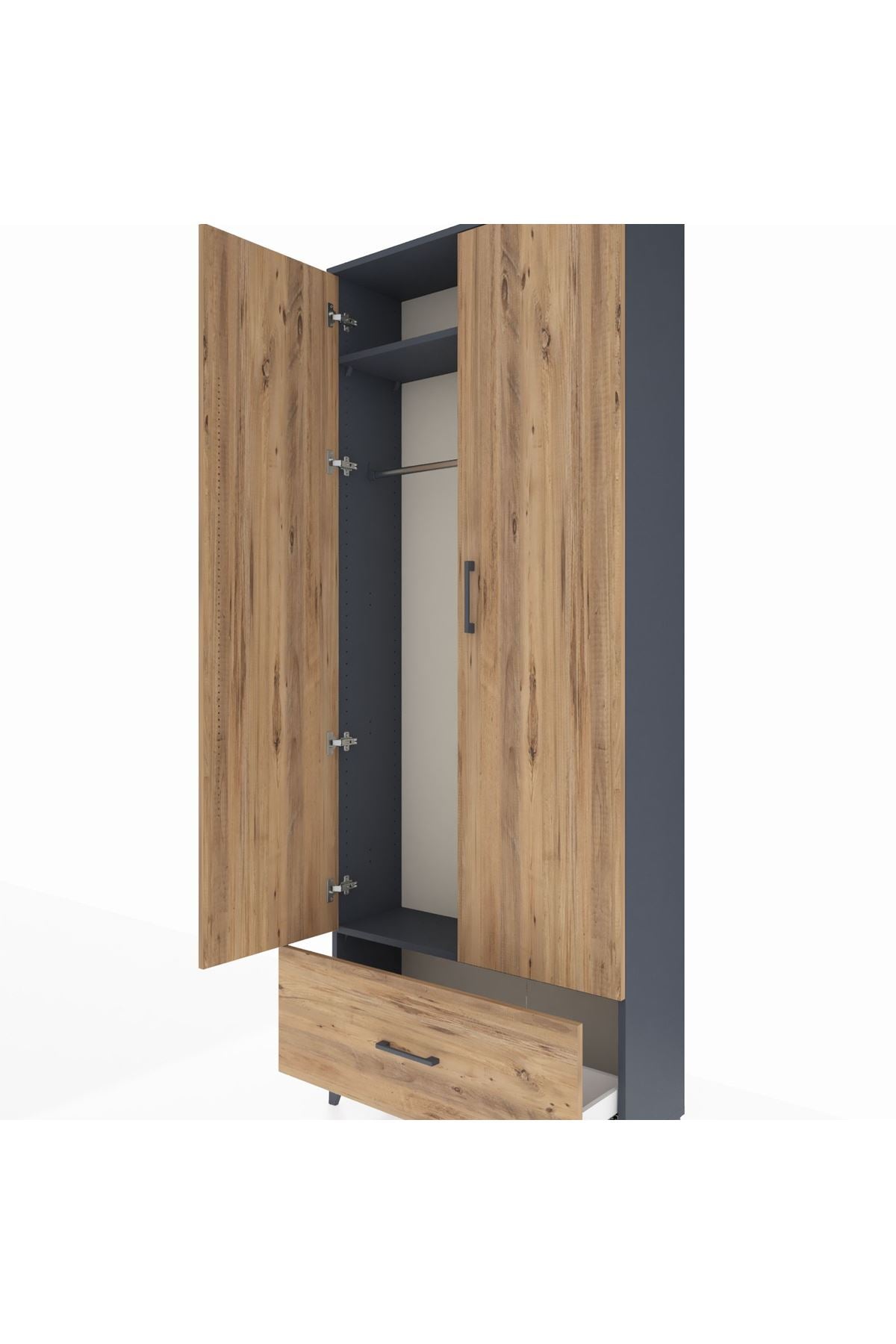 Arges Dolap 2 Raflı Tek Çekmeceli Tek Askılı 88x30x221 Antrasit-Çam