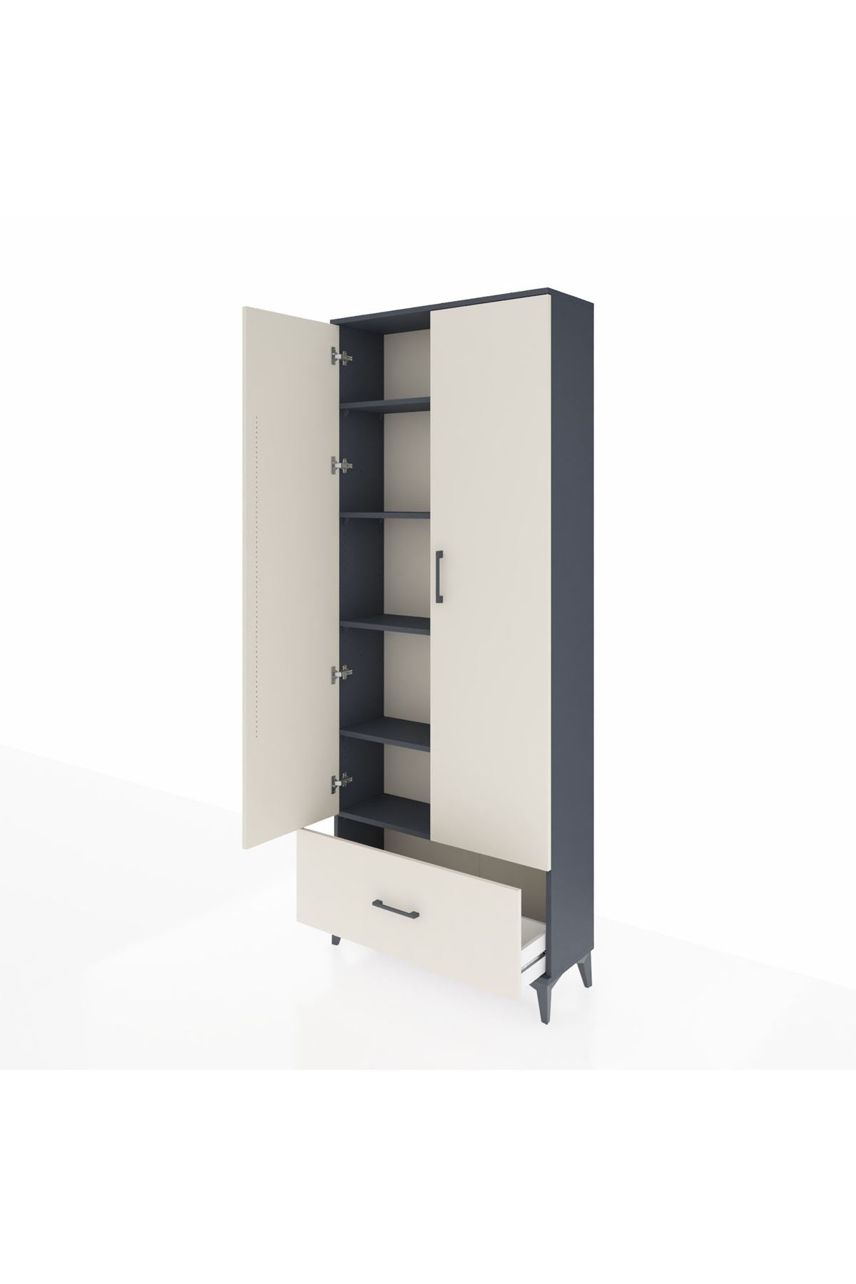 Arges Dolap 5 Raflı Tek Çekmeceli 2 Kapaklı 88x30x221 Antrasit-Aytaşı