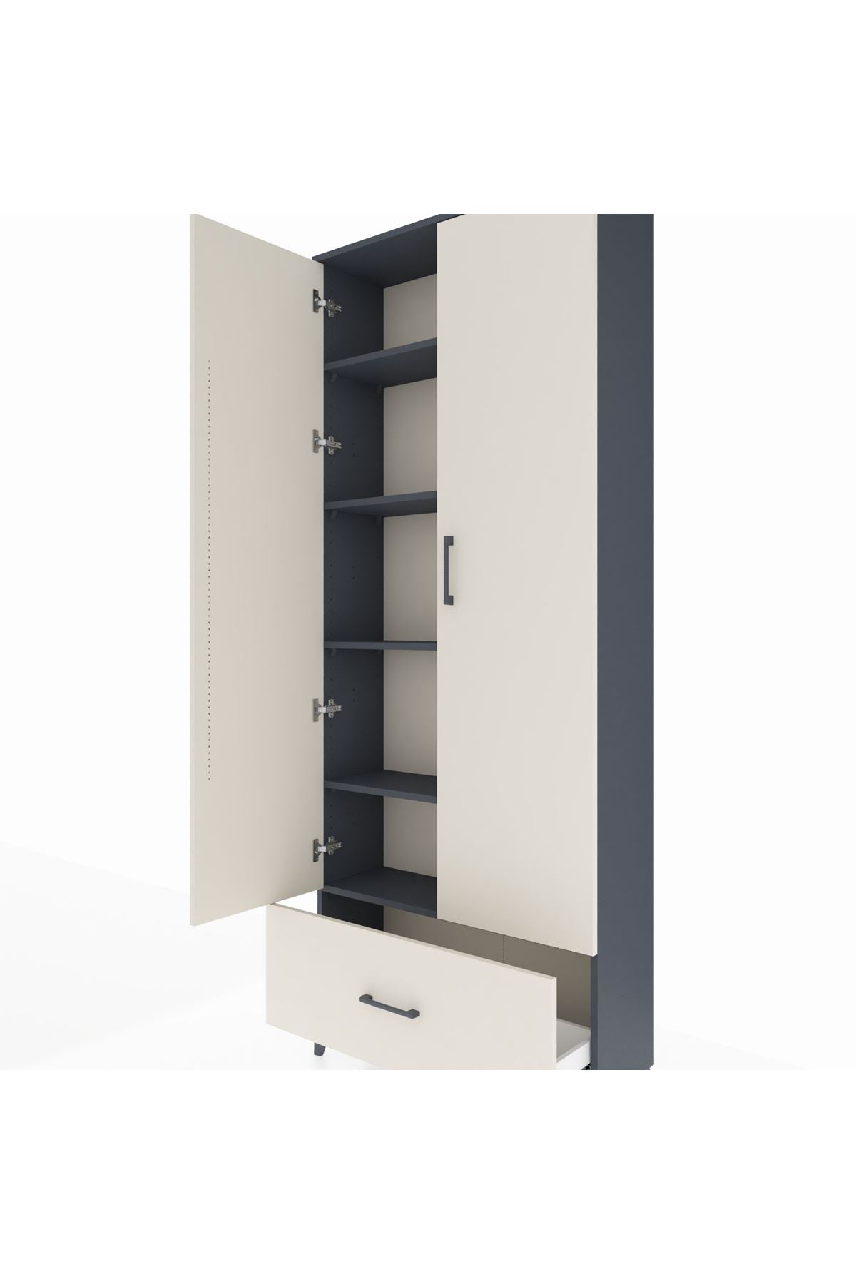Arges Dolap 5 Raflı Tek Çekmeceli 2 Kapaklı 88x30x221 Antrasit-Aytaşı