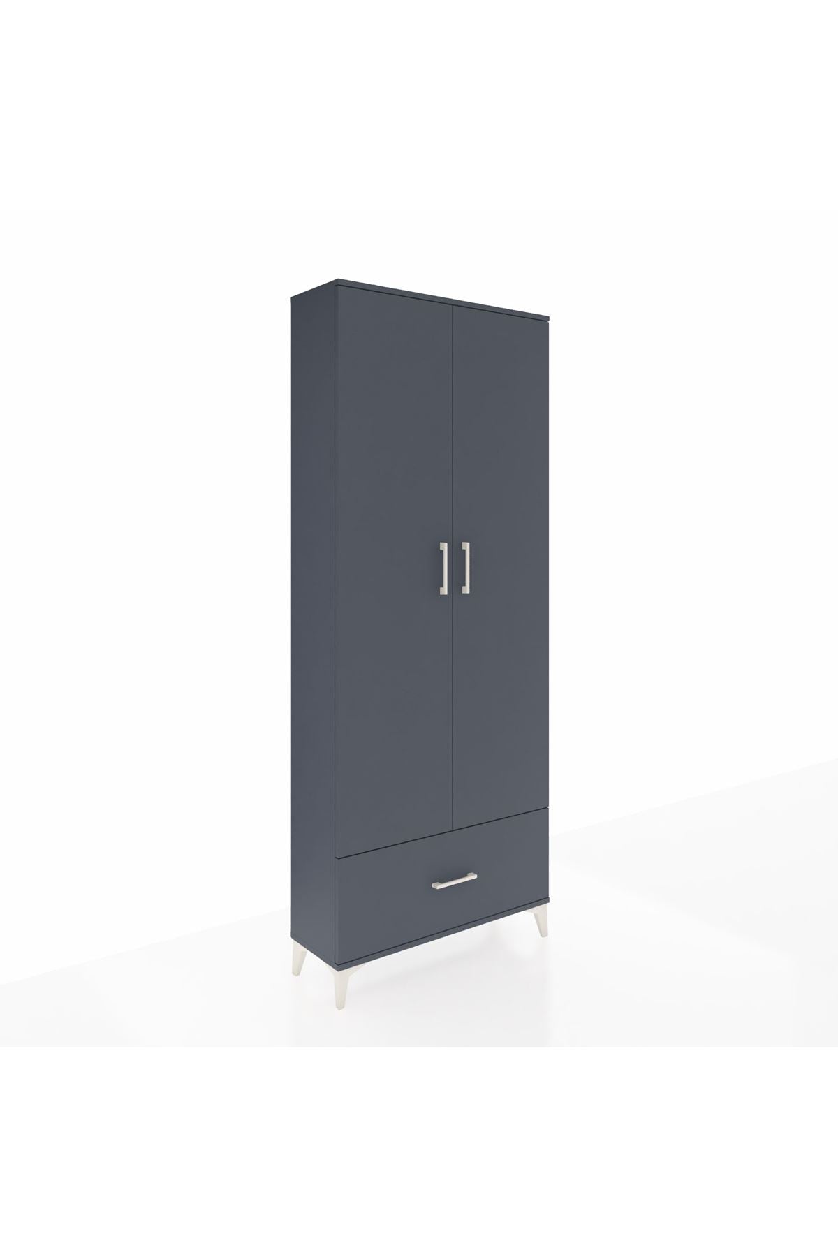 Arges Dolap 5 Raflı Tek Çekmeceli 2 Kapaklı 88x30x221 Antrasit-Antrasit