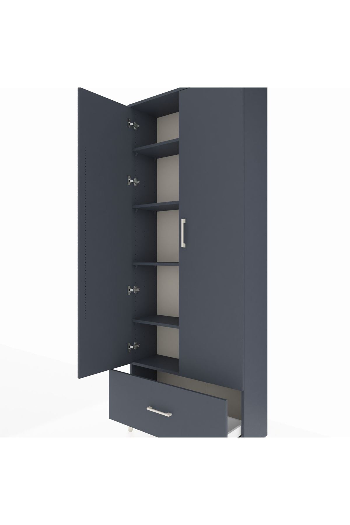 Arges Dolap 5 Raflı Tek Çekmeceli 2 Kapaklı 88x30x221 Antrasit-Antrasit