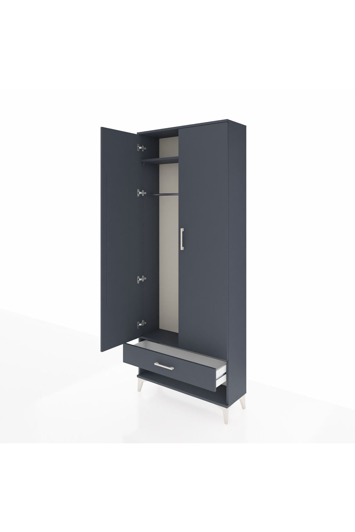 Arges Dolap 2 Raflı Tek Çekmeceli Tek Askılı 88x30x221 Antrasit-Antrasit