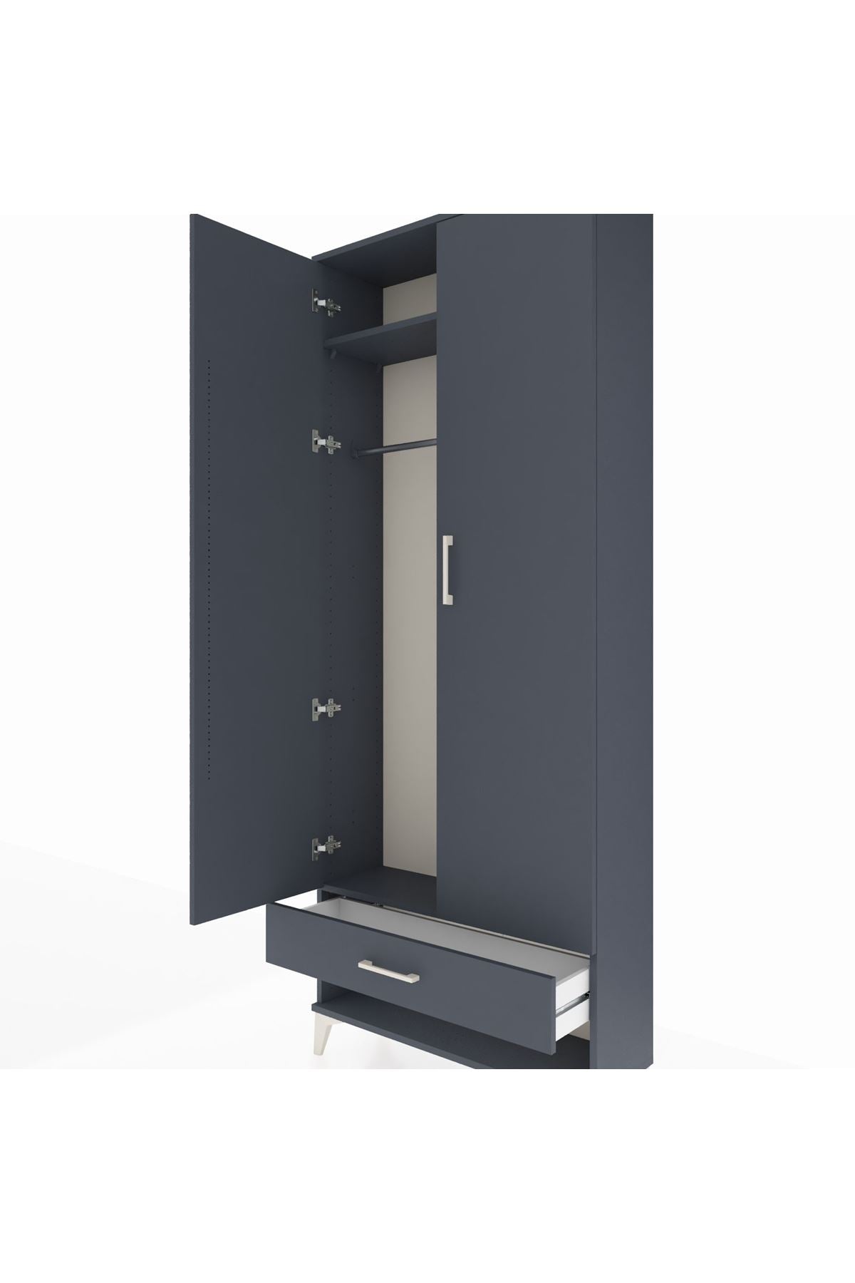 Arges Dolap 2 Raflı Tek Çekmeceli Tek Askılı 88x30x221 Antrasit-Antrasit