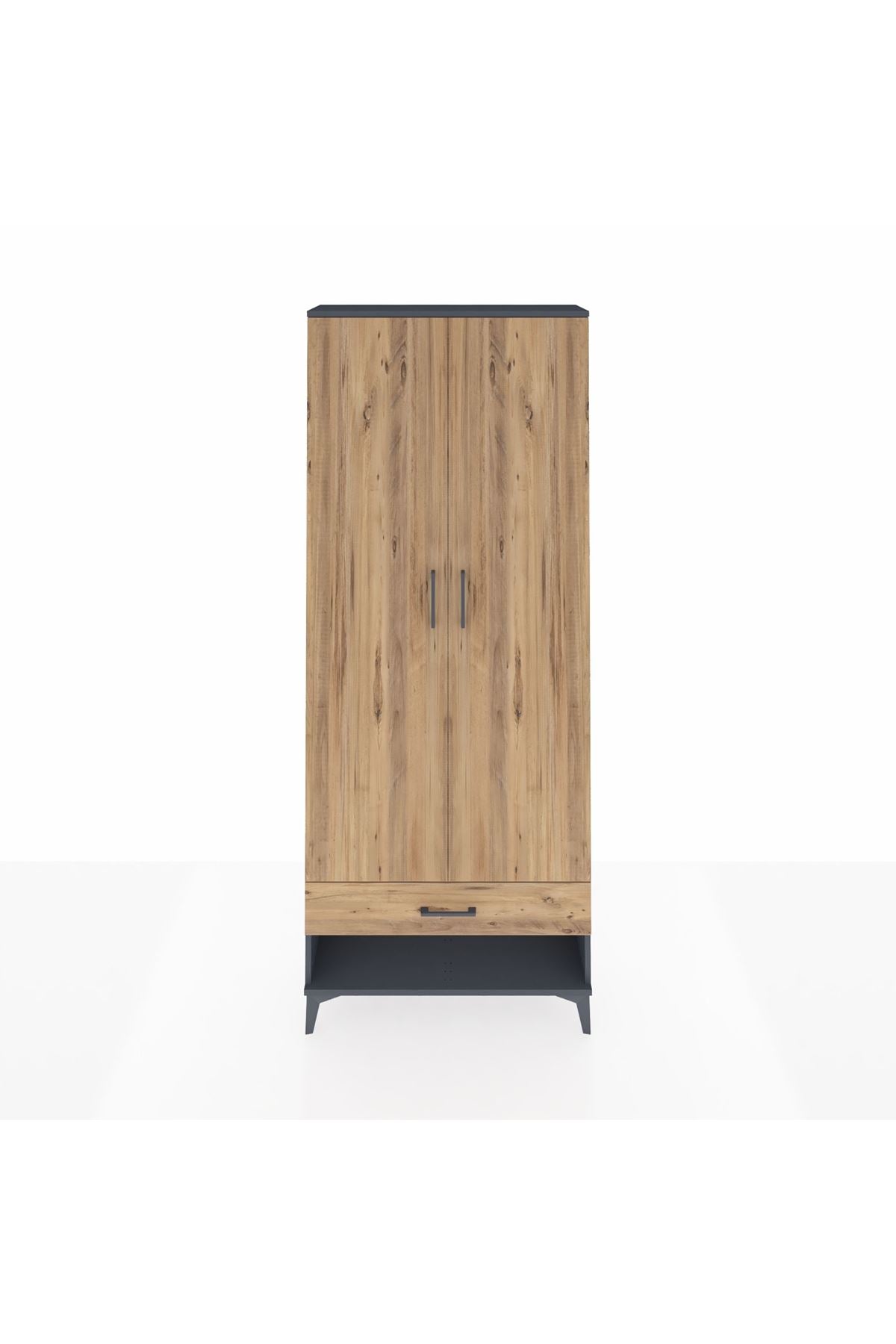 Arges Dolap 2 Raflı Tek Çekmeceli Tek Askılı 88x30x221 Antrasit-Çam