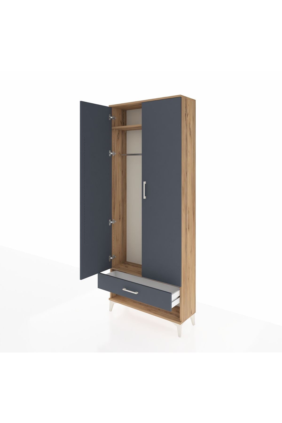 Arges Dolap 2 Raflı Tek Çekmeceli Tek Askılı 88x30x221 Çam-Antrasit