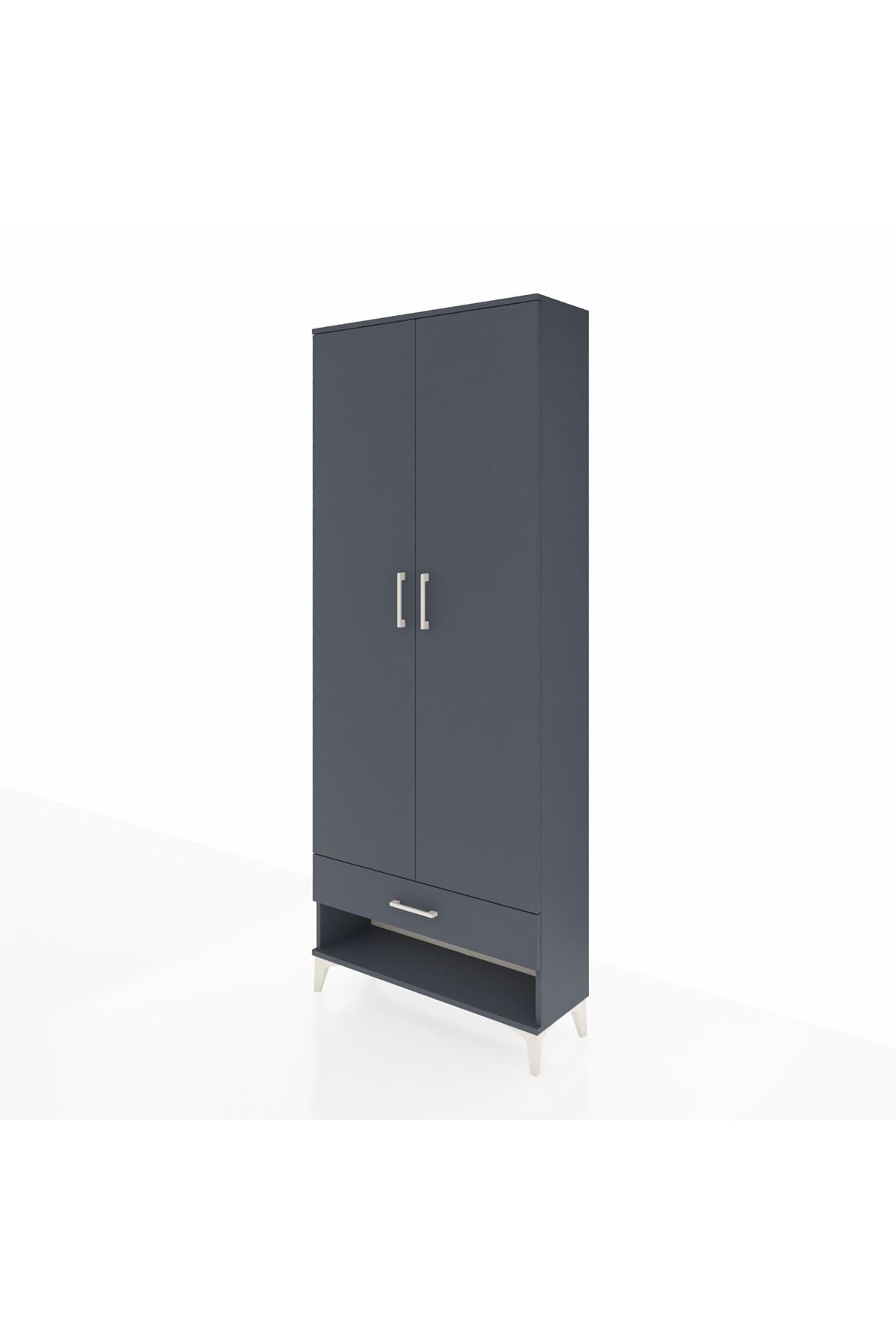 Arges Dolap 5 Raflı Tek Çekmeceli 2 Kapaklı 88x30x221 Antrasit-Antrasit