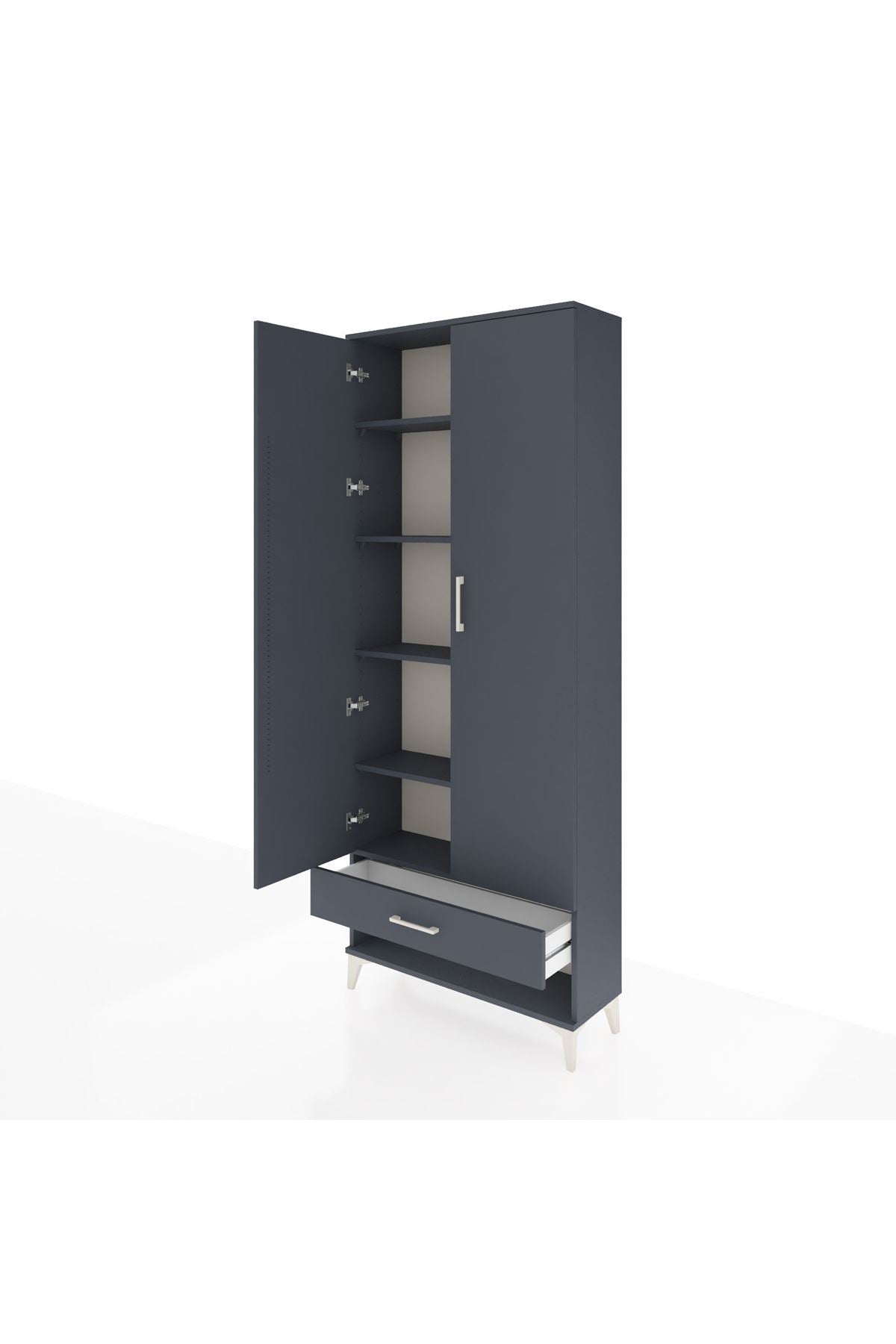 Arges Dolap 5 Raflı Tek Çekmeceli 2 Kapaklı 88x30x221 Antrasit-Antrasit