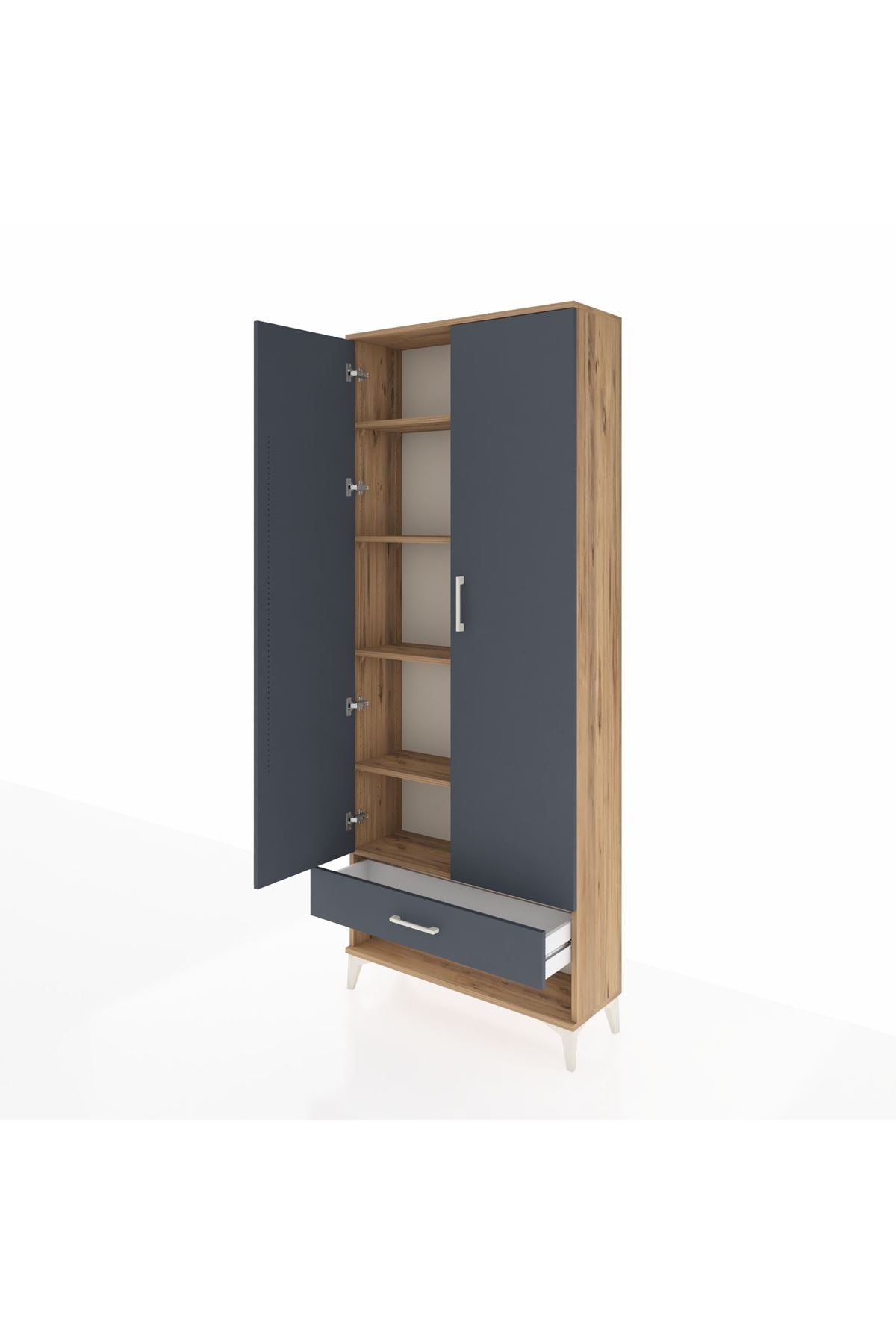 Arges Dolap 5 Raflı Tek Çekmeceli 2 Kapaklı 88x30x221 Çam-Antrasit