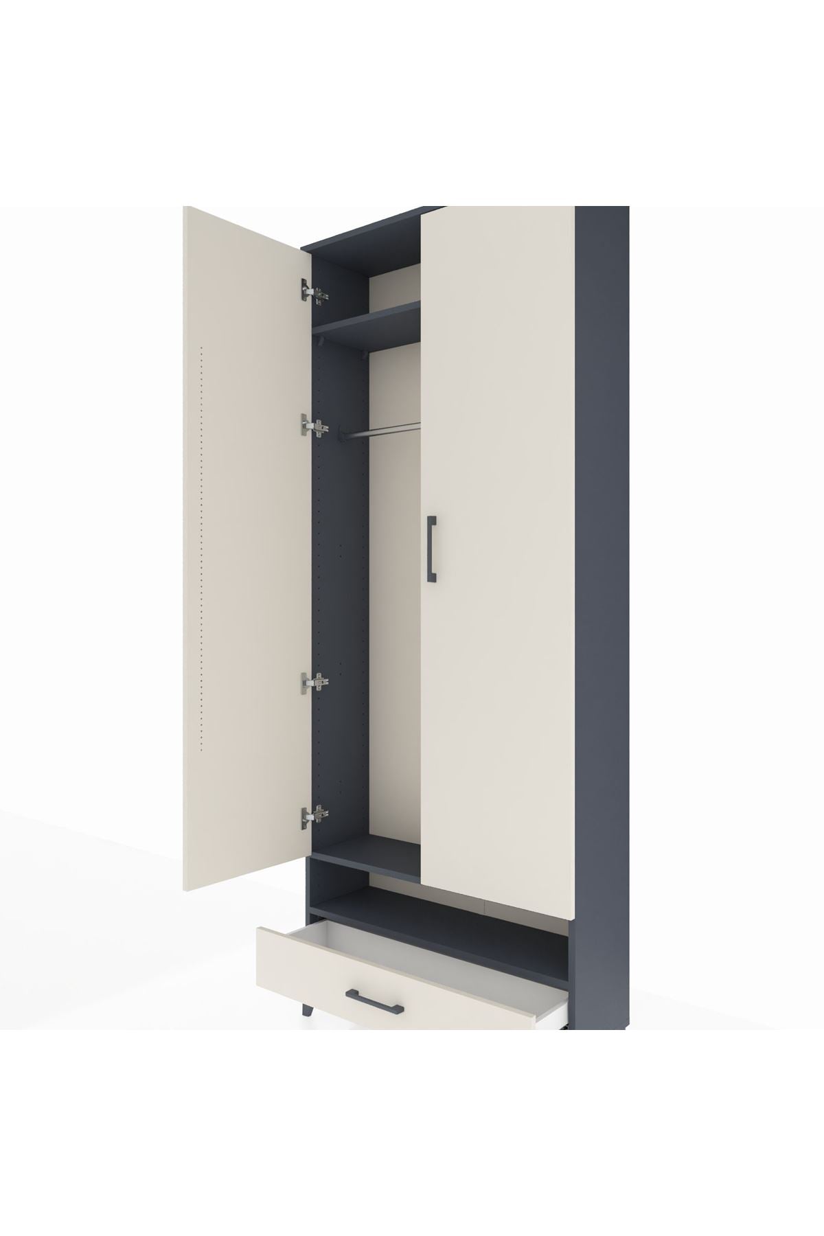 Arges Dolap 2 Raflı Tek Çekmeceli Tek Askılı 88x30x221 Antrasit-Aytaşı