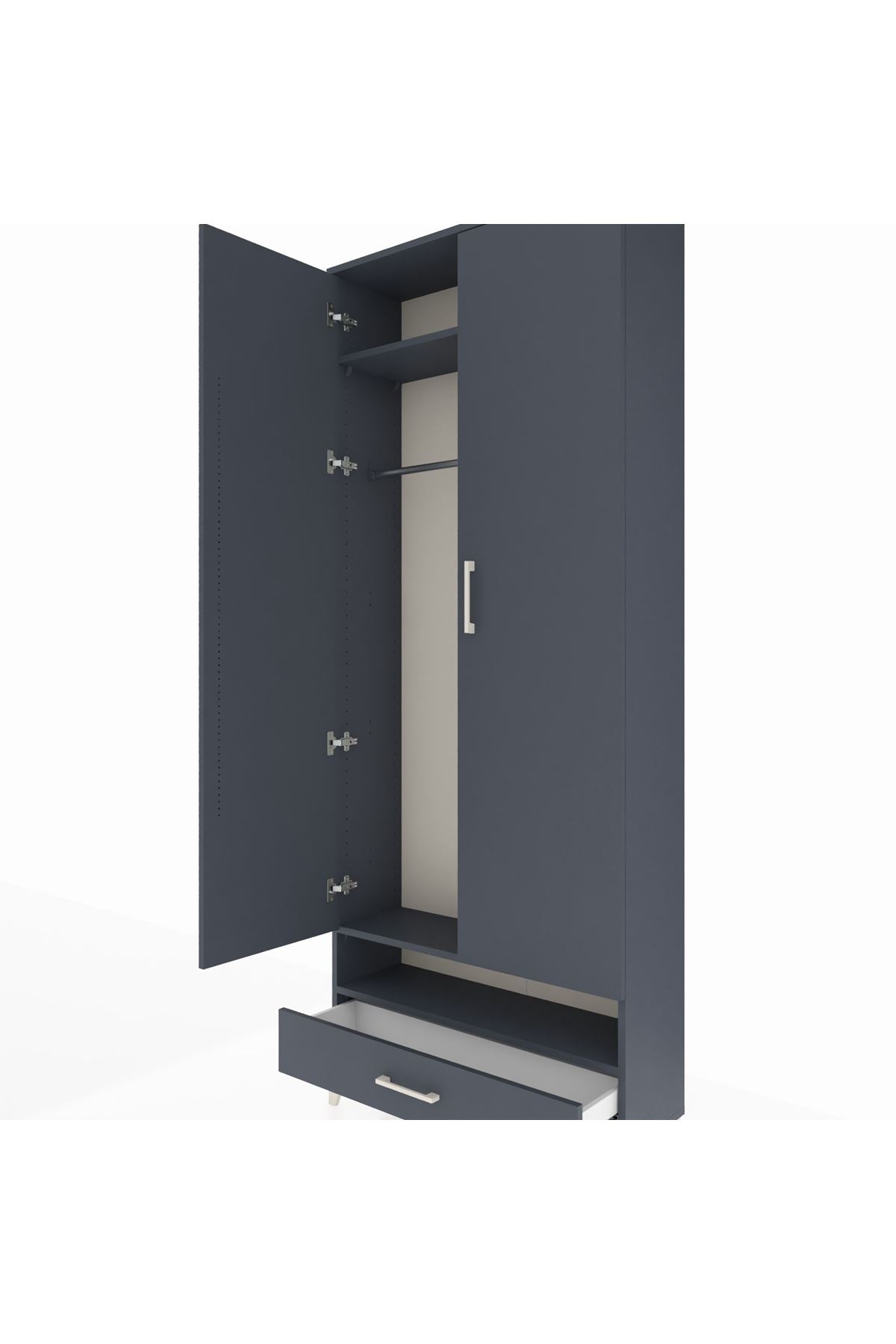 Arges Dolap 2 Raflı Tek Çekmeceli Tek Askılı 88x30x221 Antrasit-Antrasit