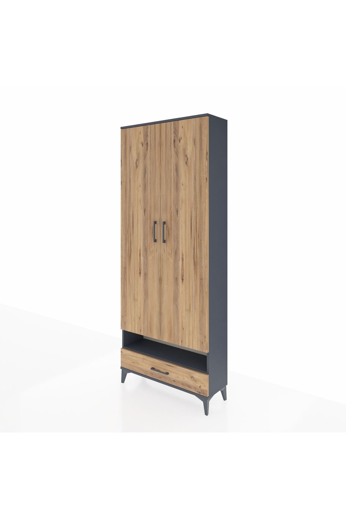 Arges Dolap 2 Raflı Tek Çekmeceli Tek Askılı 88x30x221 Antrasit-Çam