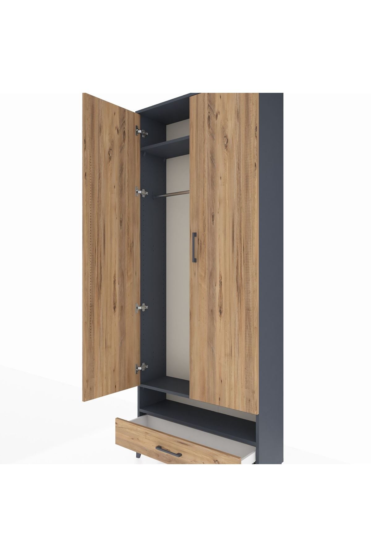 Arges Dolap 2 Raflı Tek Çekmeceli Tek Askılı 88x30x221 Antrasit-Çam