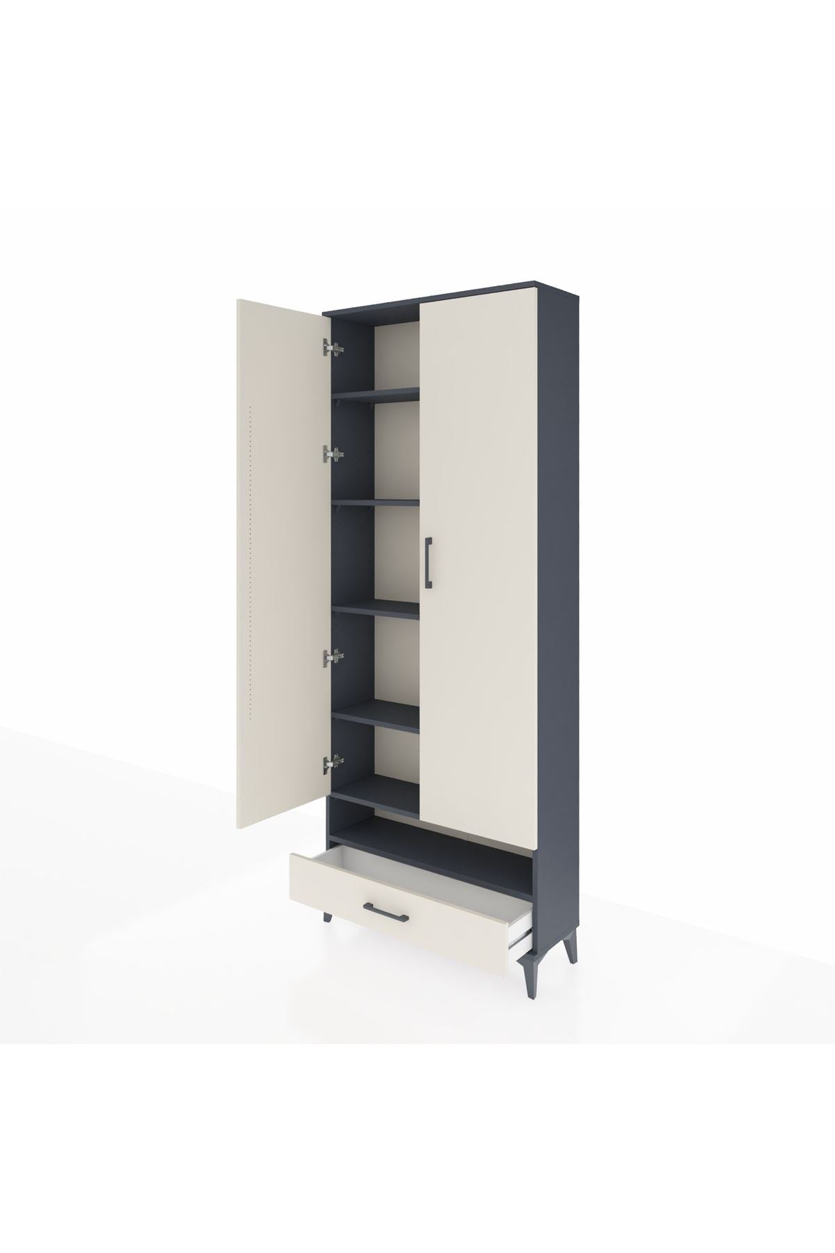 Arges Dolap 6 Raflı Tek Çekmeceli 2 Kapaklı 88x30x221 Antrasit-Aytaşı