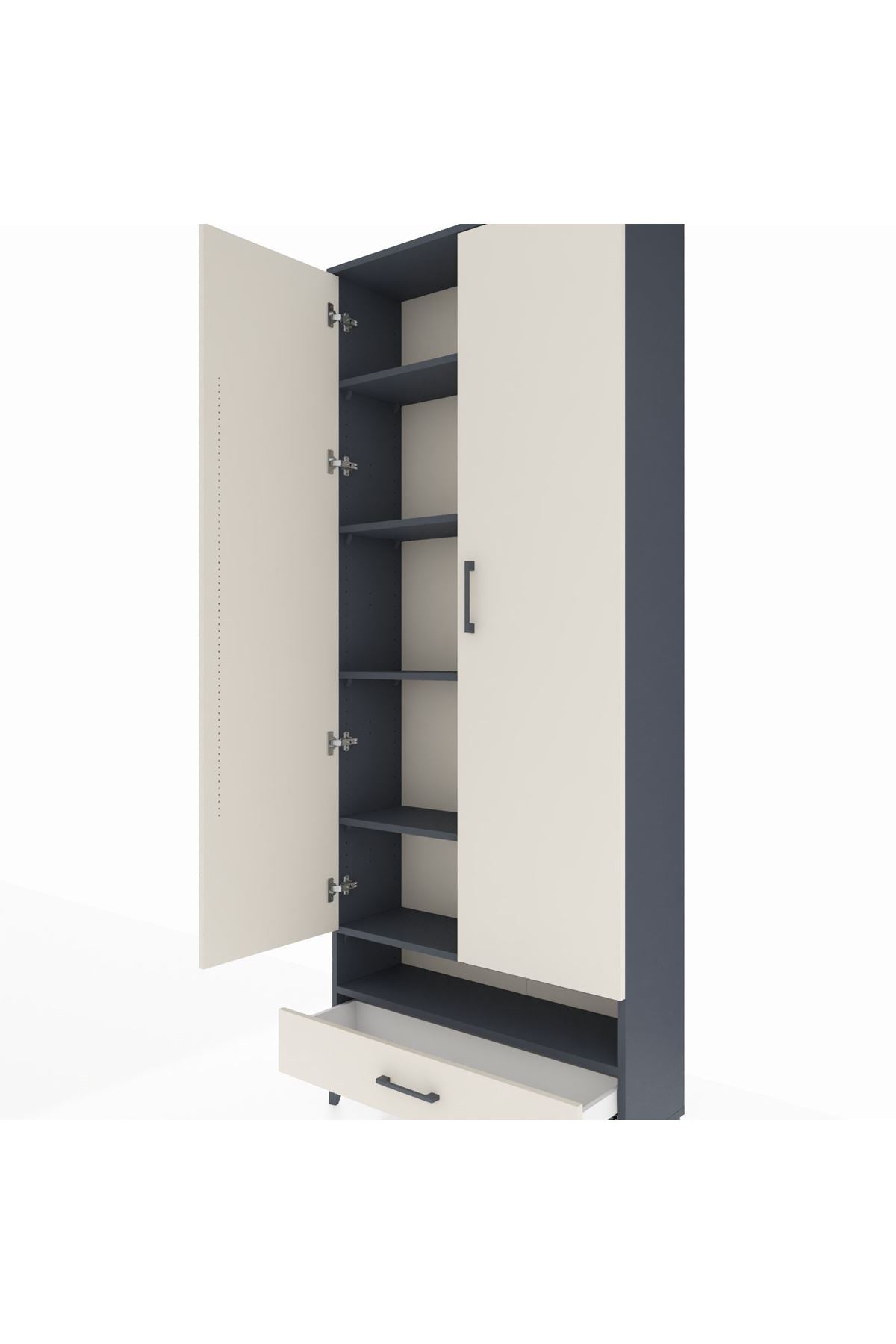 Arges Dolap 6 Raflı Tek Çekmeceli 2 Kapaklı 88x30x221 Antrasit-Aytaşı