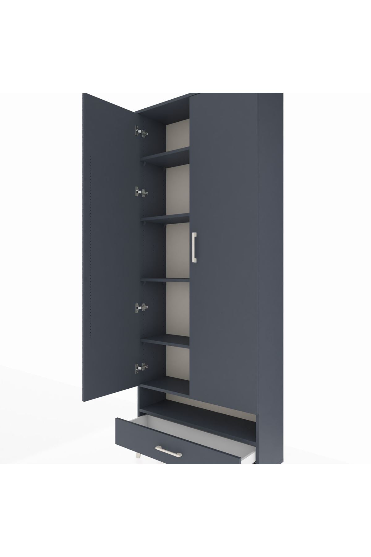 Arges Dolap 6 Raflı Tek Çekmeceli 2 Kapaklı 88x30x221 Antrasit-Antrasit