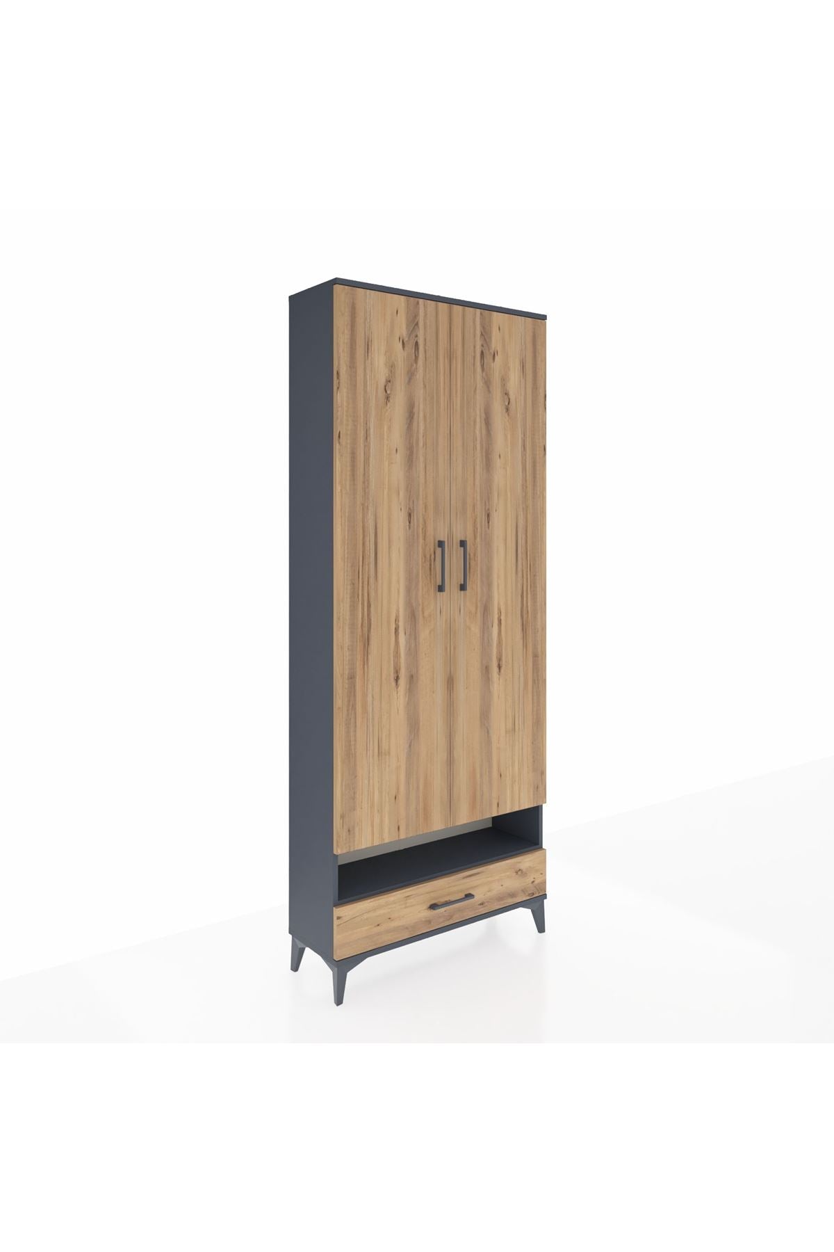 Arges Dolap 6 Raflı Tek Çekmeceli 2 Kapaklı 88x30x221 Antrasit-Çam