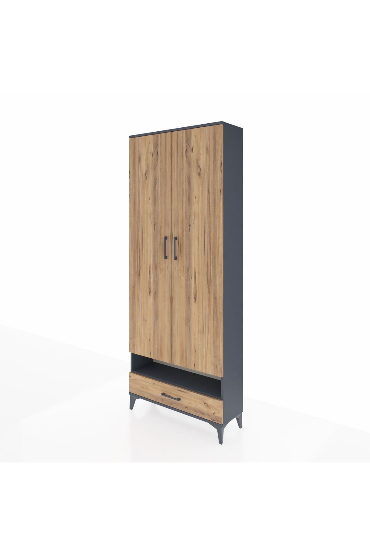 Arges Dolap 6 Raflı Tek Çekmeceli 2 Kapaklı 88x30x221 Antrasit-Çam