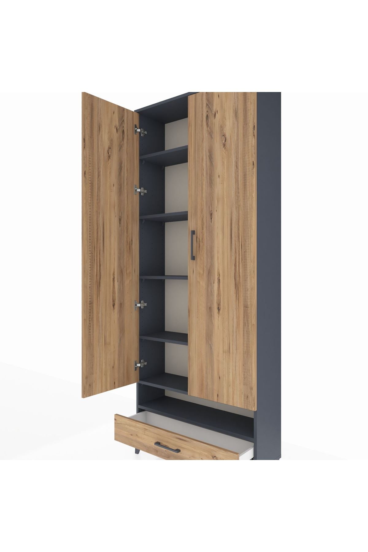 Arges Dolap 6 Raflı Tek Çekmeceli 2 Kapaklı 88x30x221 Antrasit-Çam