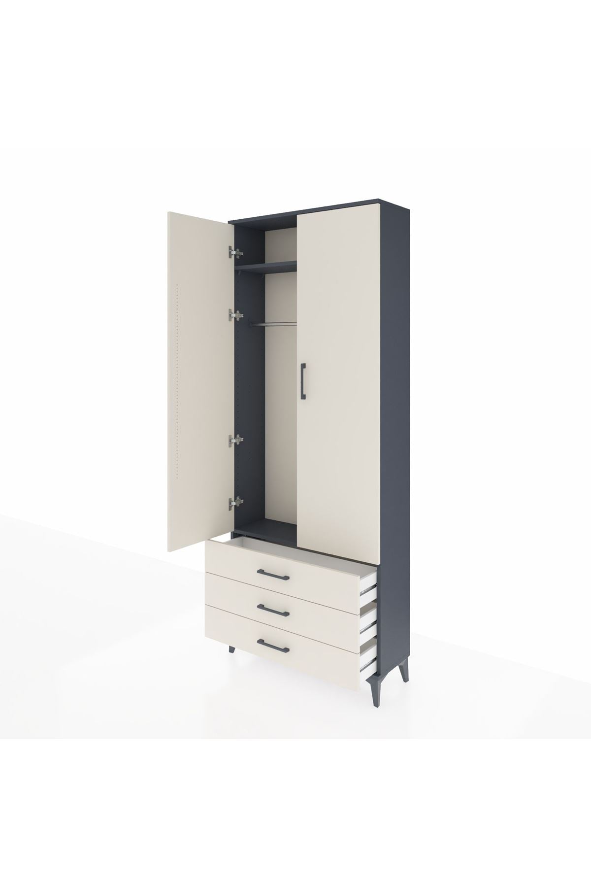 Arges Dolap 2 Raflı 3 Çekmeceli Tek Askılı 88x30x221 Antrasit-Aytaşı