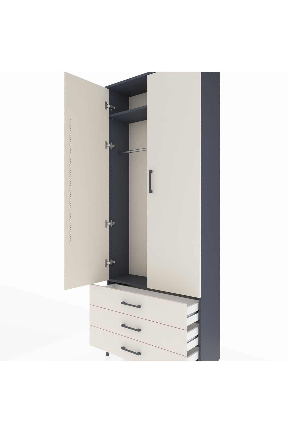 Arges Dolap 2 Raflı 3 Çekmeceli Tek Askılı 88x30x221 Antrasit-Aytaşı