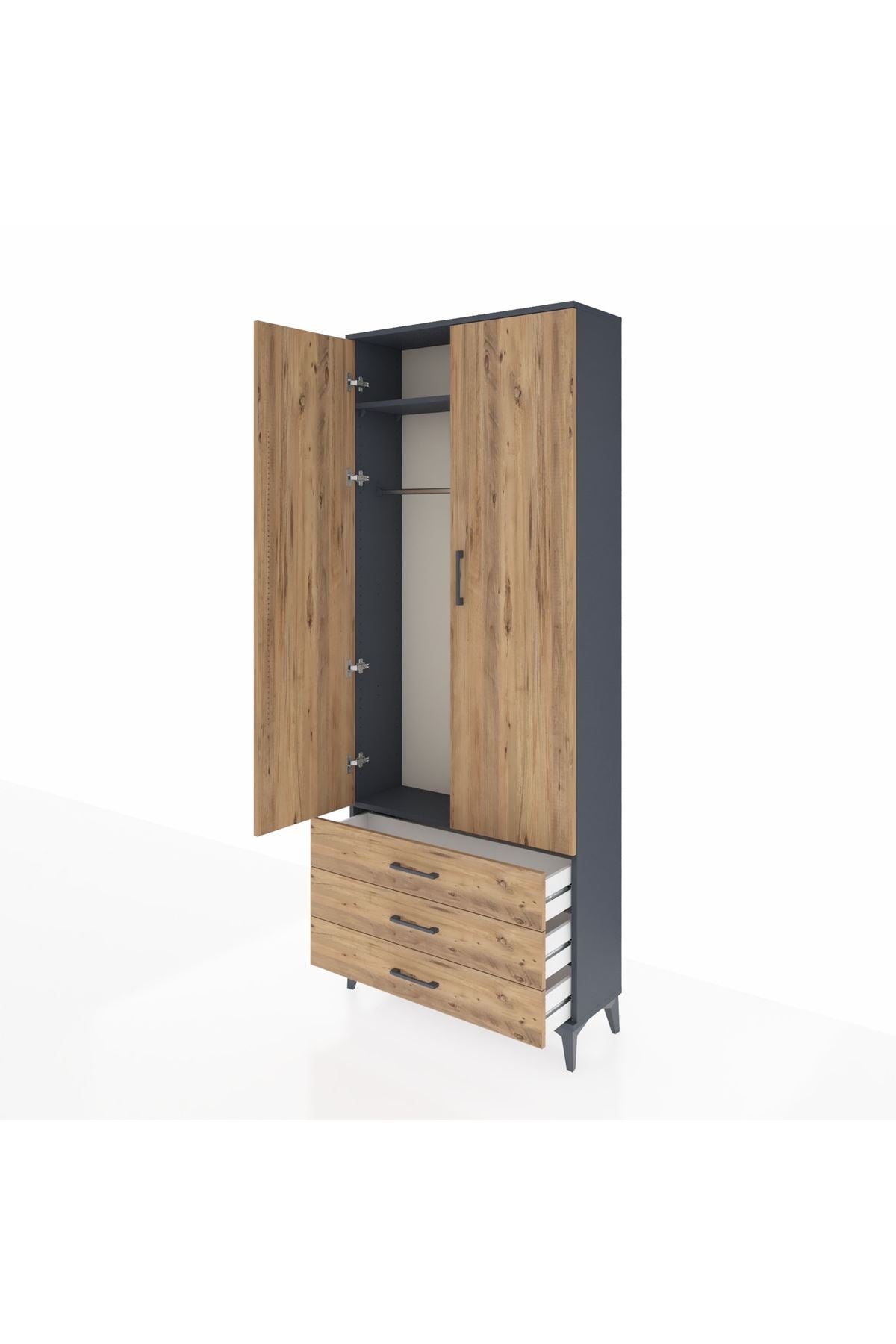 Arges Dolap 2 Raflı 3 Çekmeceli Tek Askılı 88x30x221 Antrasit-Çam