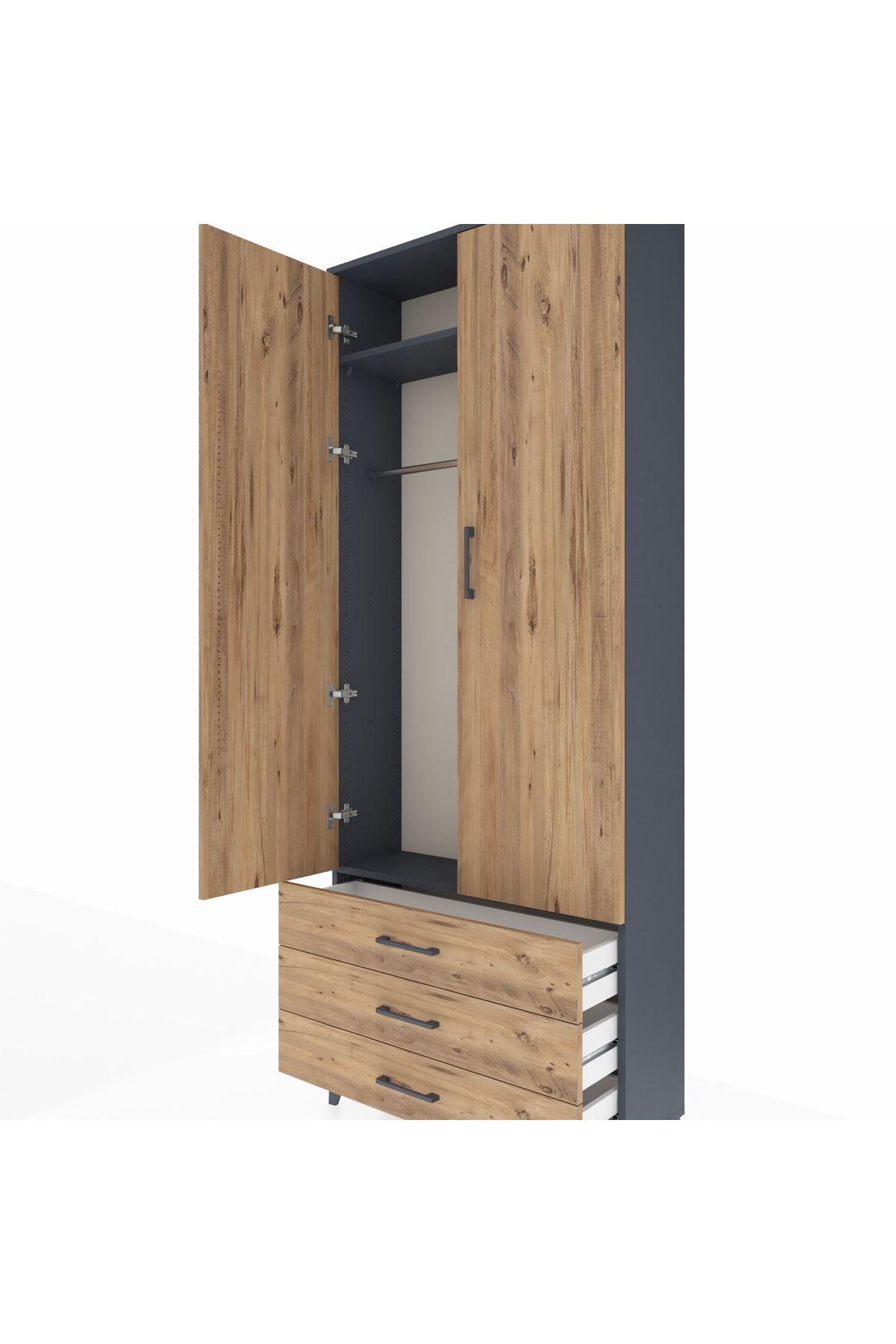 Arges Dolap 2 Raflı 3 Çekmeceli Tek Askılı 88x30x221 Antrasit-Çam