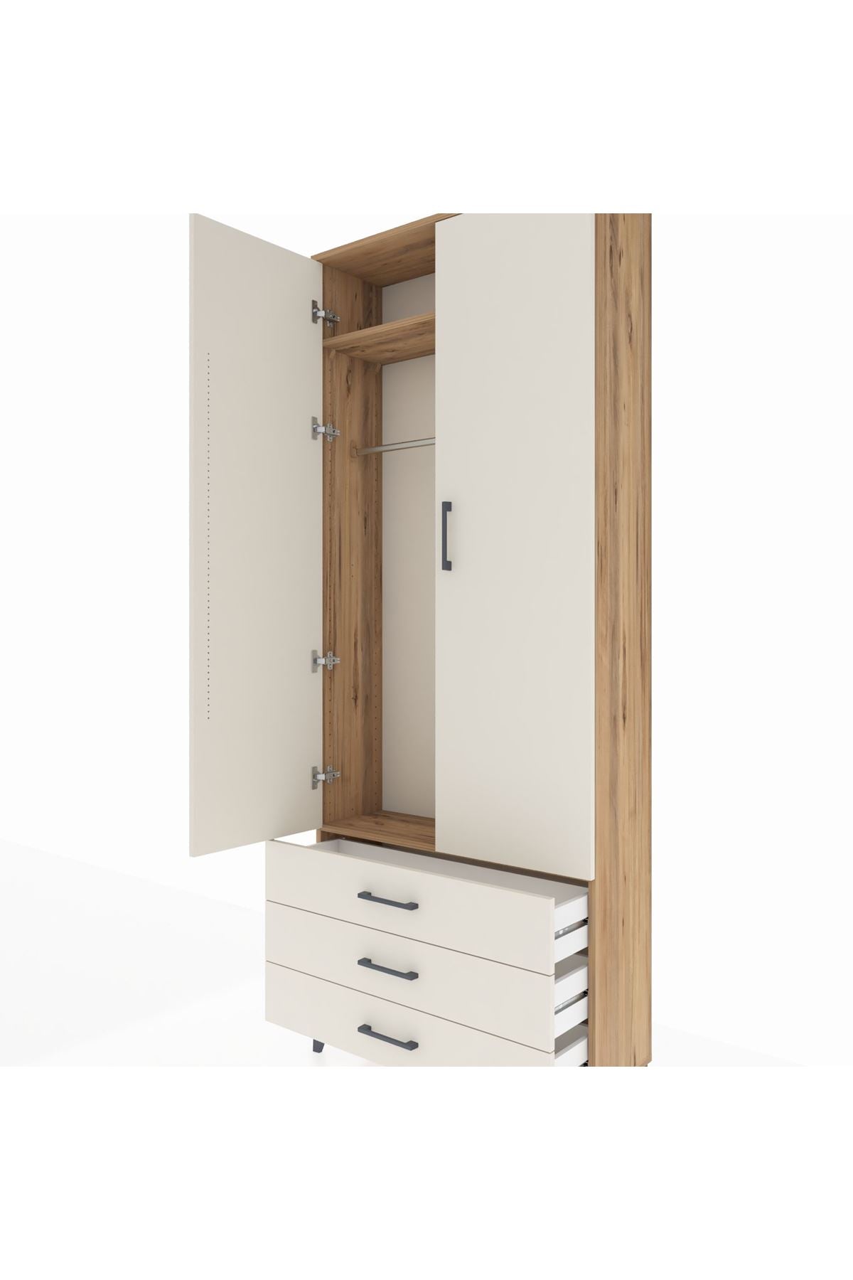 Arges Dolap 2 Raflı 3 Çekmeceli Tek Askılı 88x30x221 Çam-Aytaşı