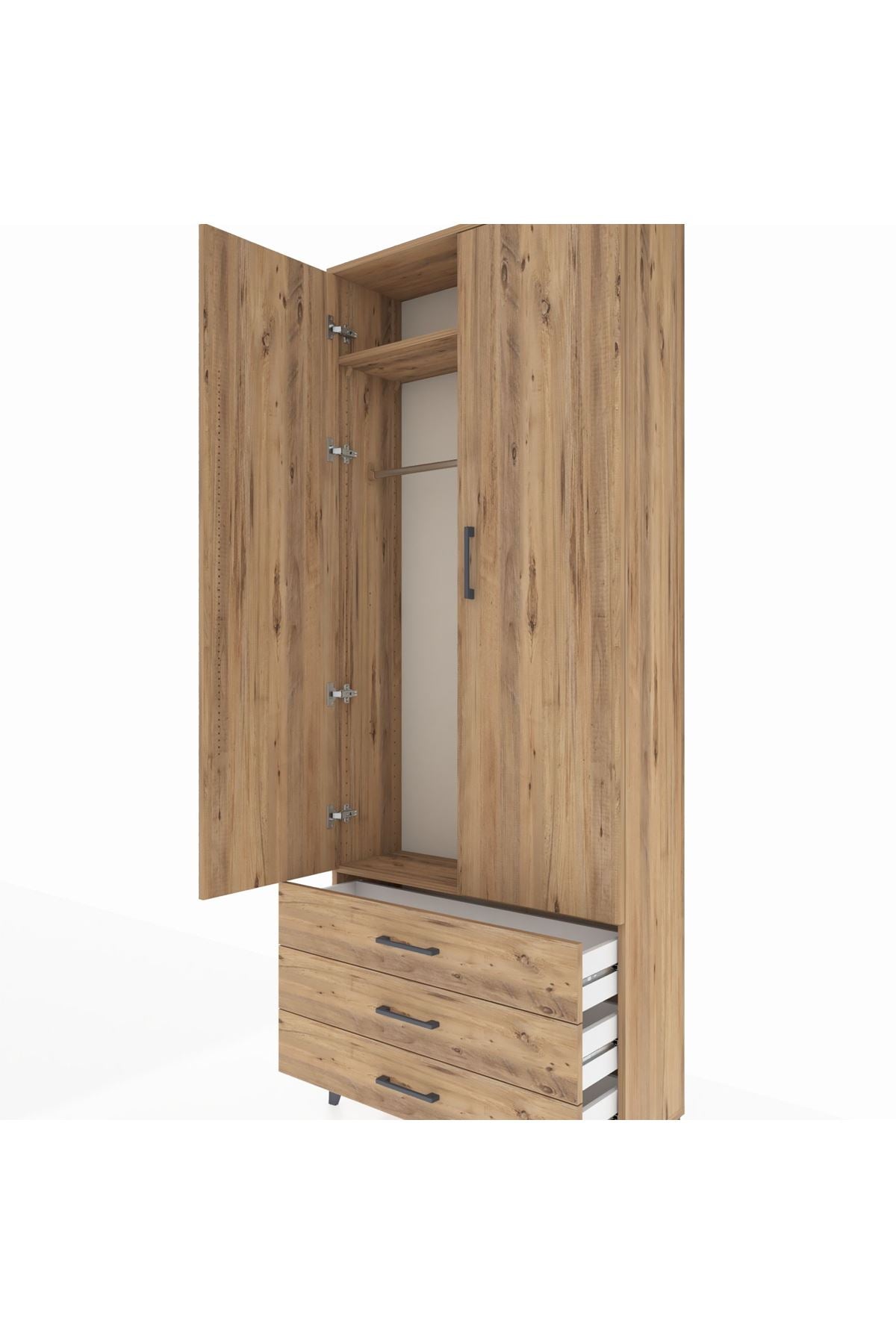 Arges Dolap 2 Raflı 3 Çekmeceli Tek Askılı 88x30x221 Çam-Çam