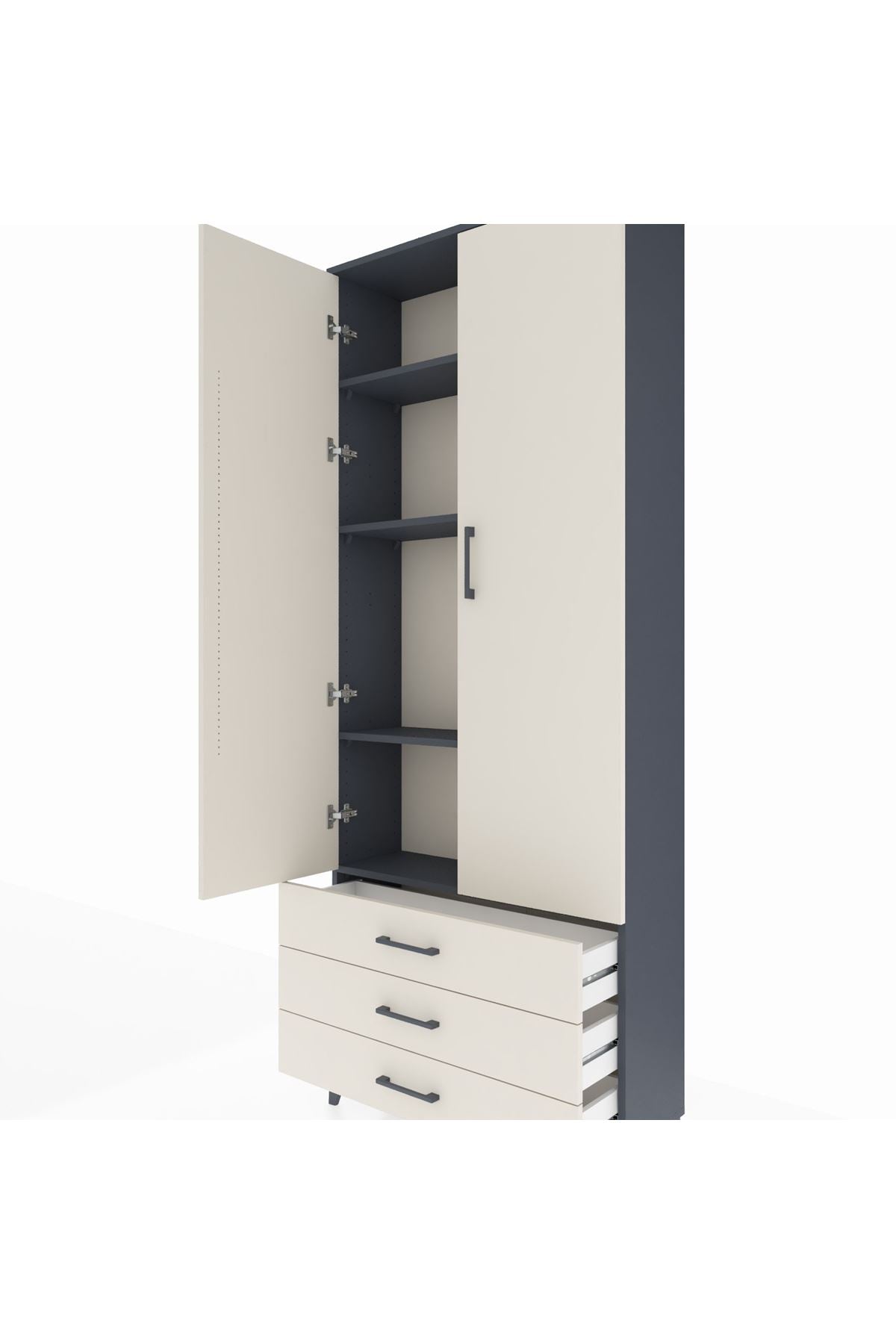 Arges Dolap 4 Raflı 3 Çekmeceli 2 Kapaklı 88x30x221 Antrasit-Aytaşı