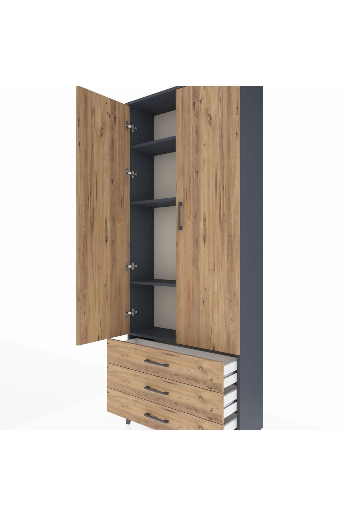 Arges Dolap 4 Raflı 3 Çekmeceli 2 Kapaklı 88x30x221 Antrasit-Çam