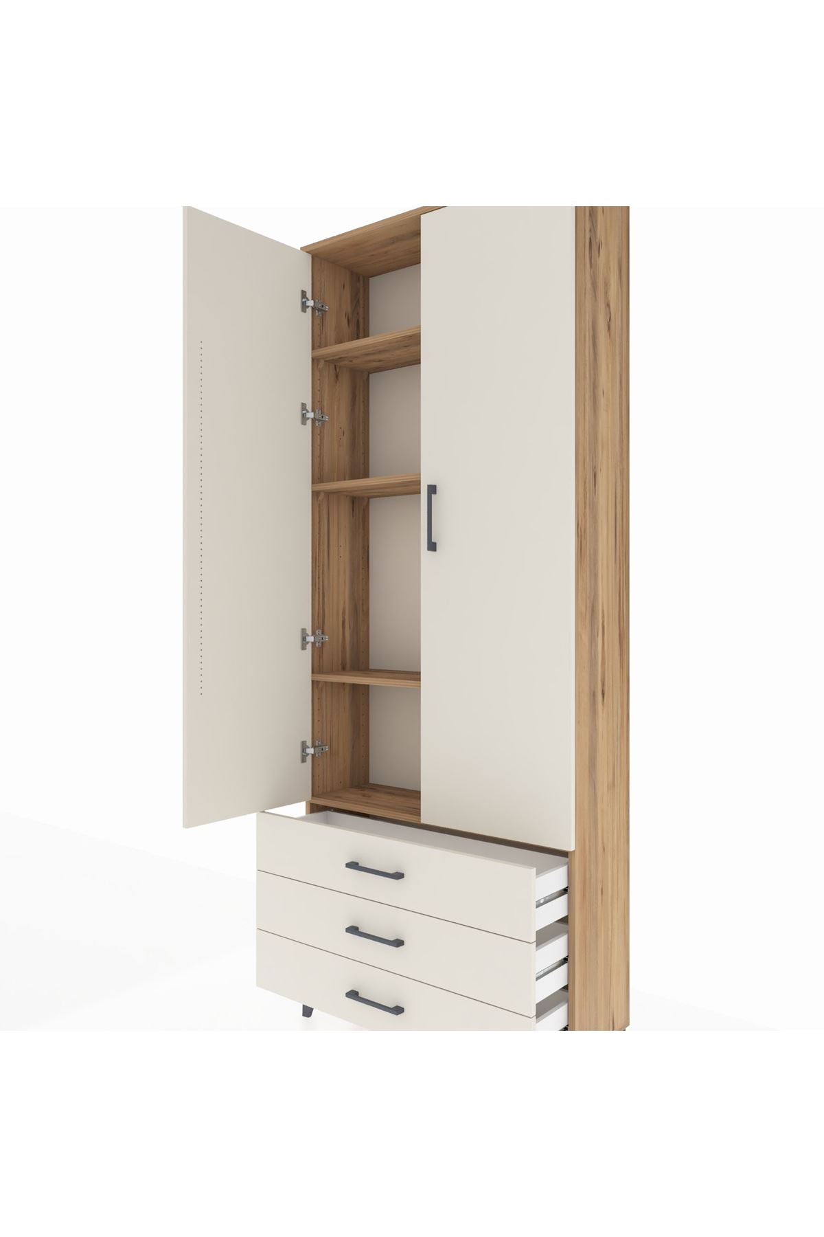 Arges Dolap 4 Raflı 3 Çekmeceli 2 Kapaklı 88x30x221 Çam-Aytaşı