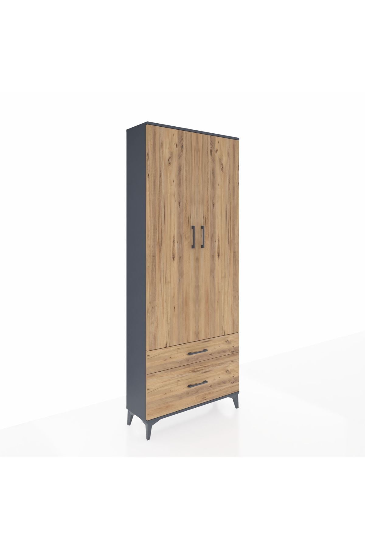 Arges Dolap 2 Raflı 2 Çekmeceli Tek Askılı 88x30x221 Antrasit-Çam