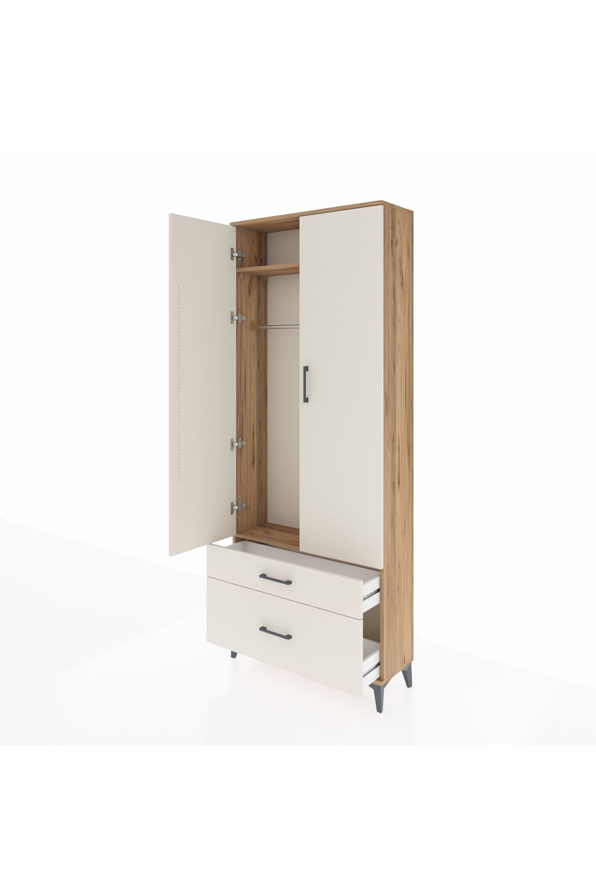 Arges Dolap 2 Raflı 2 Çekmeceli Tek Askılı 88x30x221 Çam-Aytaşı