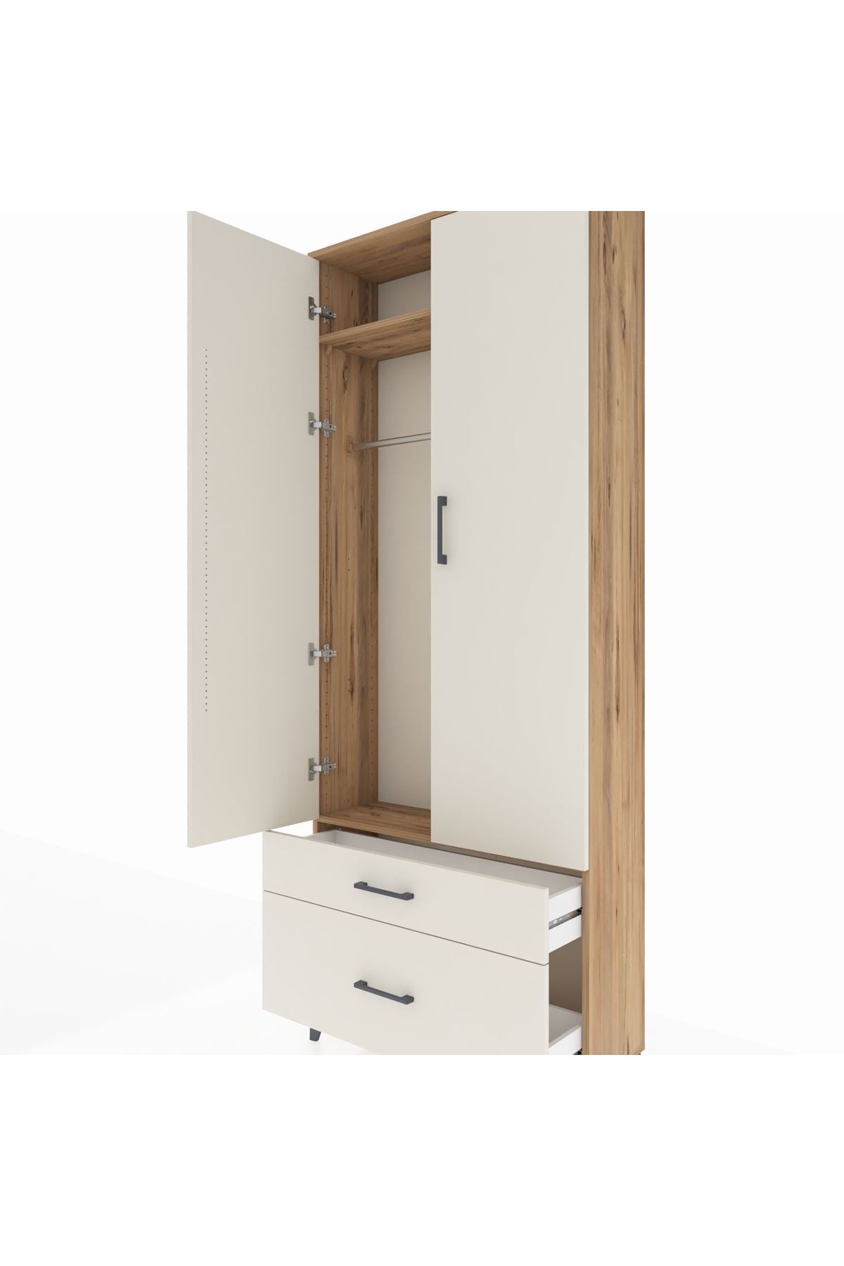Arges Dolap 2 Raflı 2 Çekmeceli Tek Askılı 88x30x221 Çam-Aytaşı