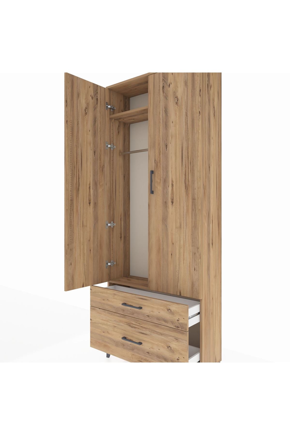 Arges Dolap 2 Raflı 2 Çekmeceli Tek Askılı 88x30x221 Çam-Çam