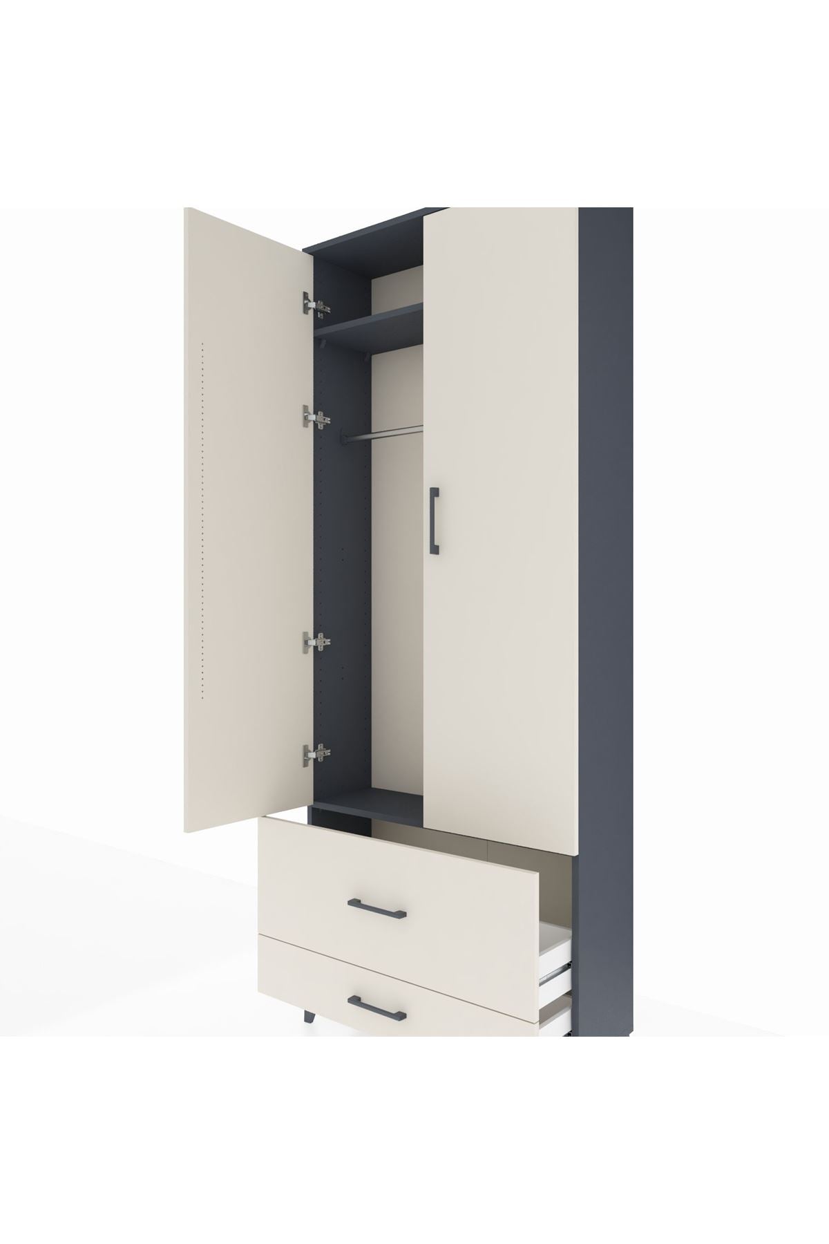 Arges Dolap 2 Raflı 2 Çekmeceli Tek Askılı 88x30x221 Antrasit-Aytaşı