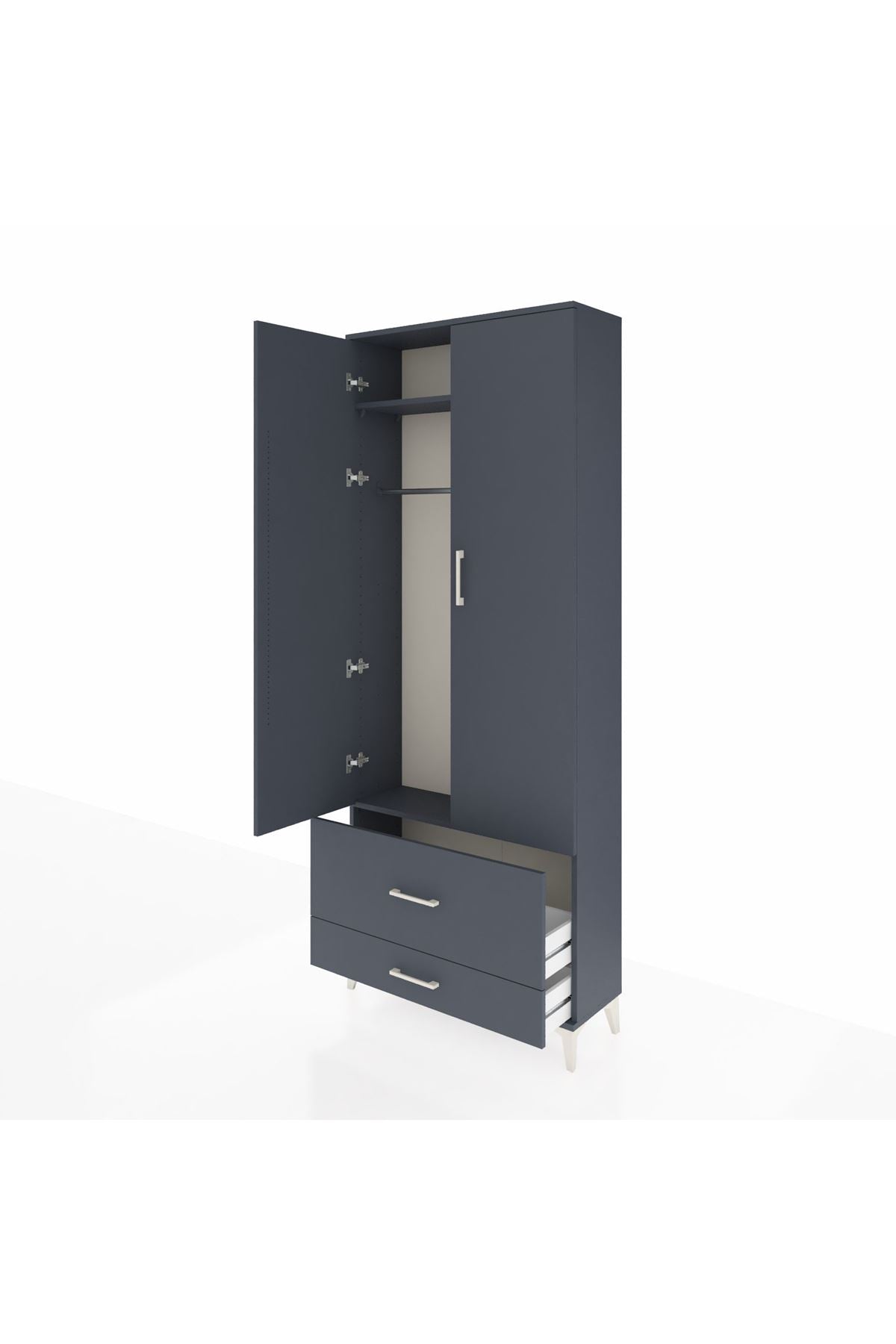 Arges Dolap 2 Raflı 2 Çekmeceli Tek Askılı 88x30x221 Antrasit-Antrasit