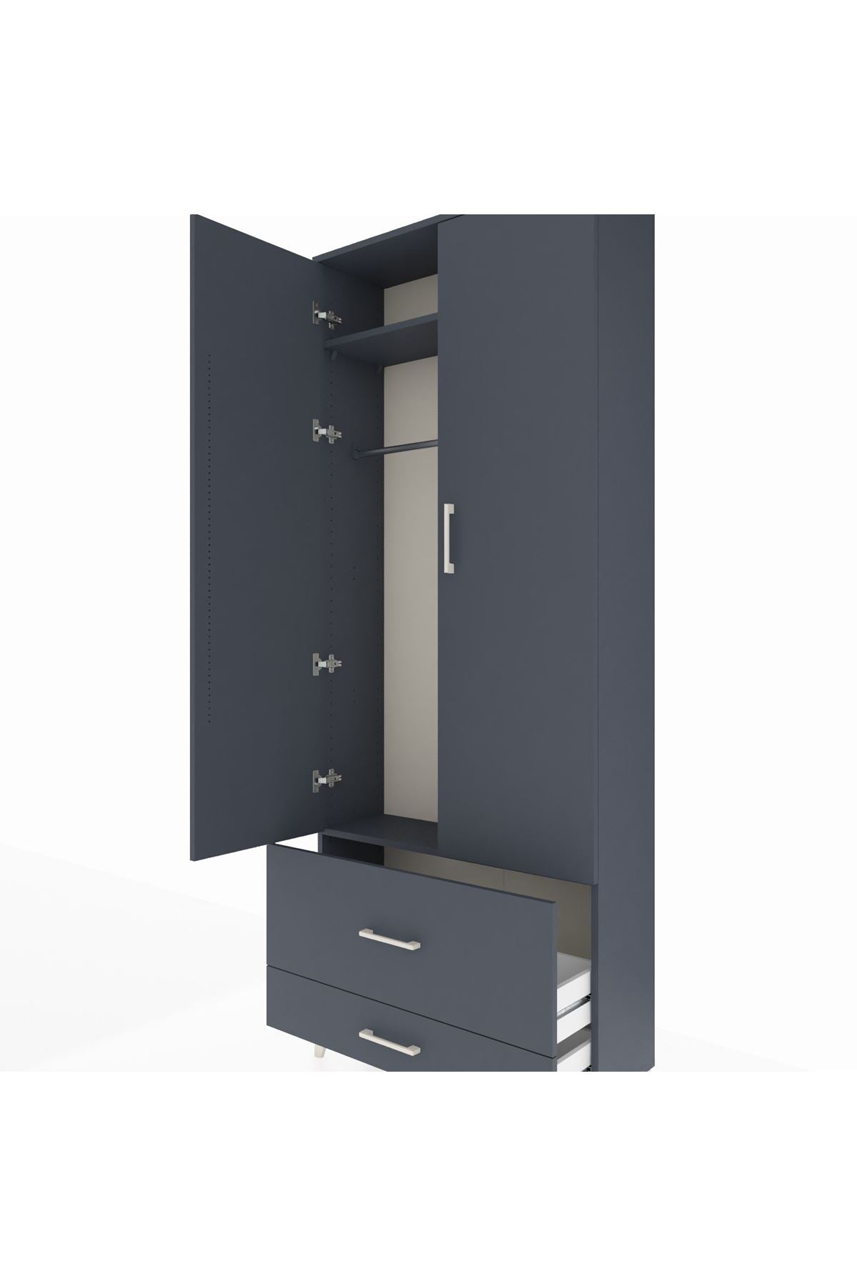 Arges Dolap 2 Raflı 2 Çekmeceli Tek Askılı 88x30x221 Antrasit-Antrasit