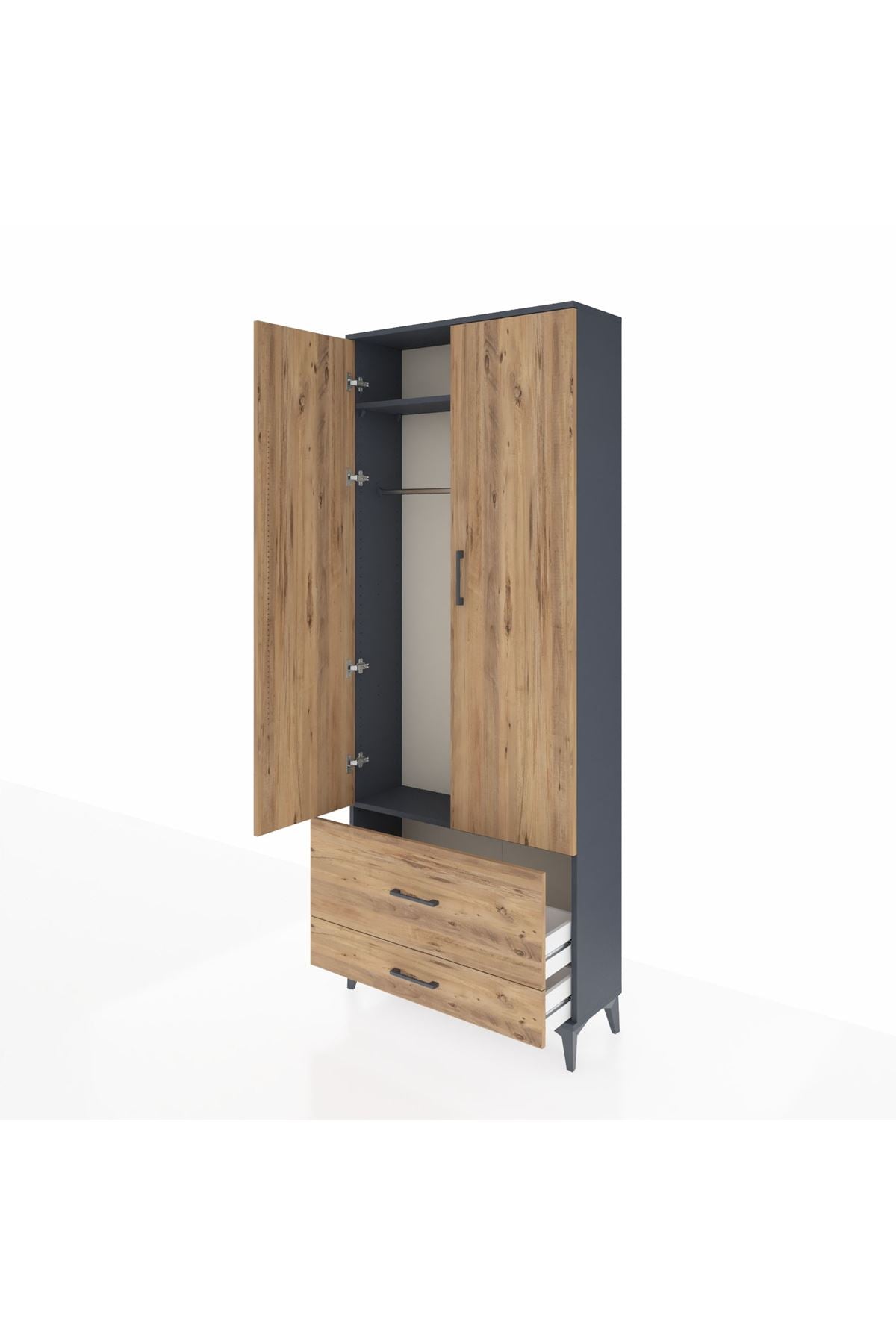 Arges Dolap 2 Raflı 2 Çekmeceli Tek Askılı 88x30x221 Antrasit-Çam