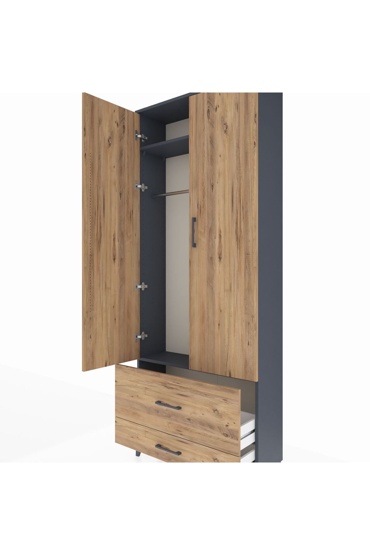 Arges Dolap 2 Raflı 2 Çekmeceli Tek Askılı 88x30x221 Antrasit-Çam