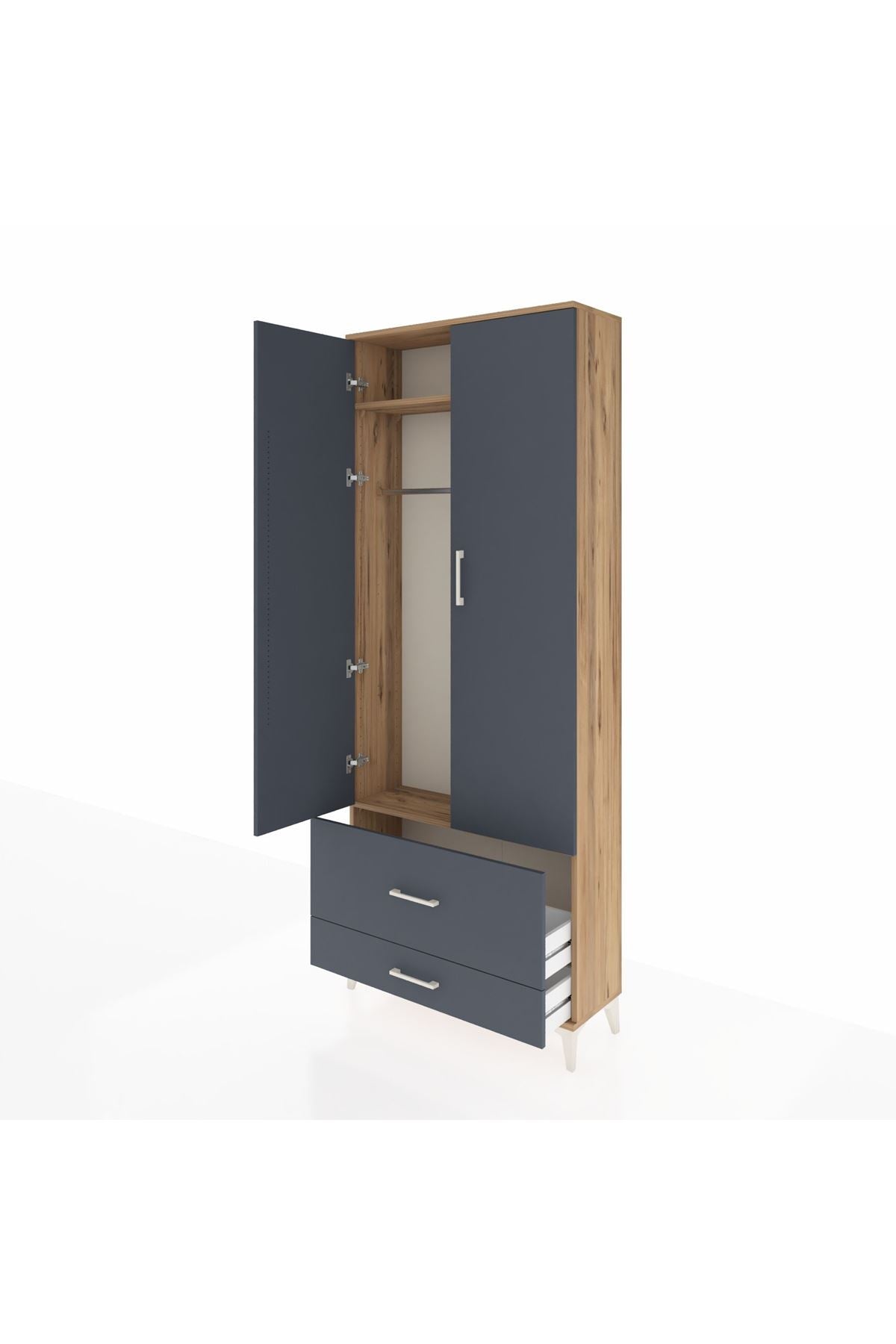 Arges Dolap 2 Raflı 2 Çekmeceli Tek Askılı 88x30x221 Çam-Antrasit