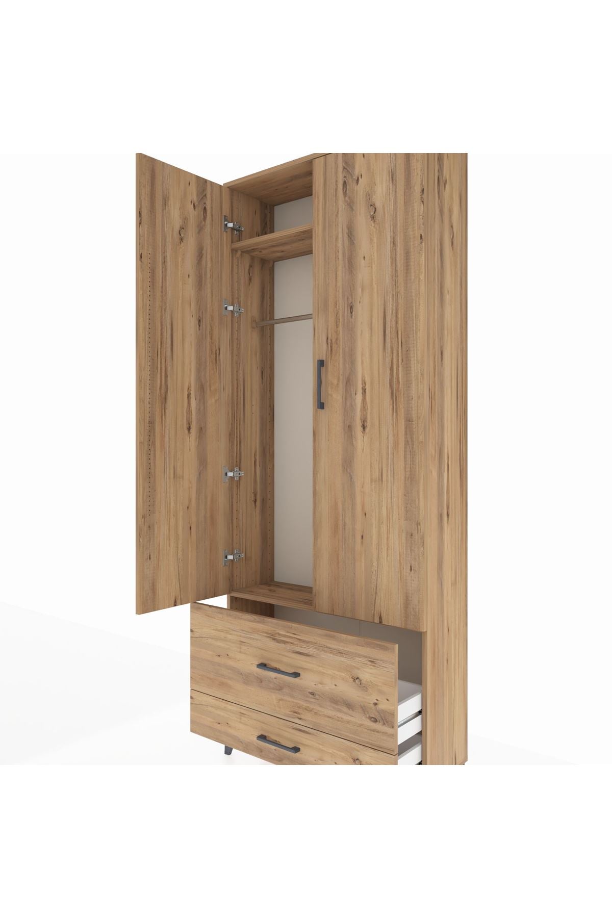 Arges Dolap 2 Raflı 2 Çekmeceli Tek Askılı 88x30x221 Çam-Çam