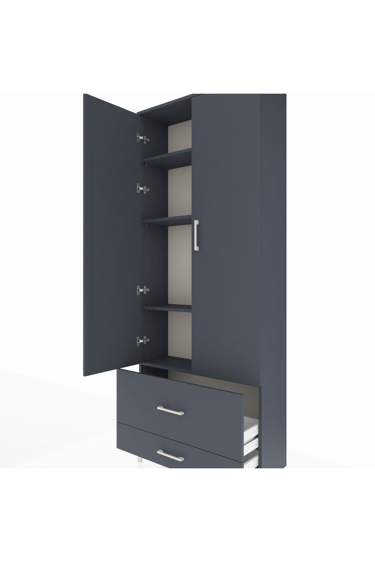 Arges Dolap 4 Raflı 2 Çekmeceli 2 Kapaklı 88x30x221 Antrasit-Antrasit