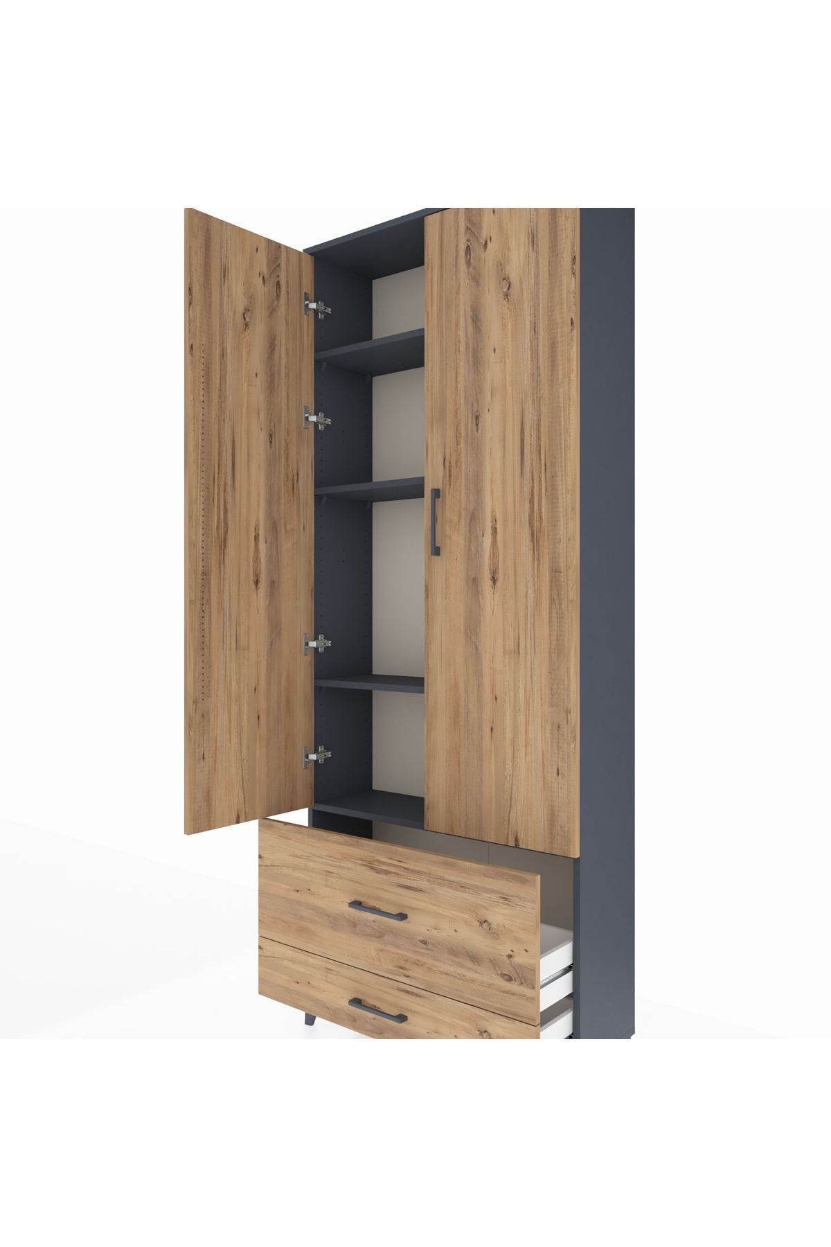 Arges Dolap 4 Raflı 2 Çekmeceli 2 Kapaklı 88x30x221 Antrasit-Çam