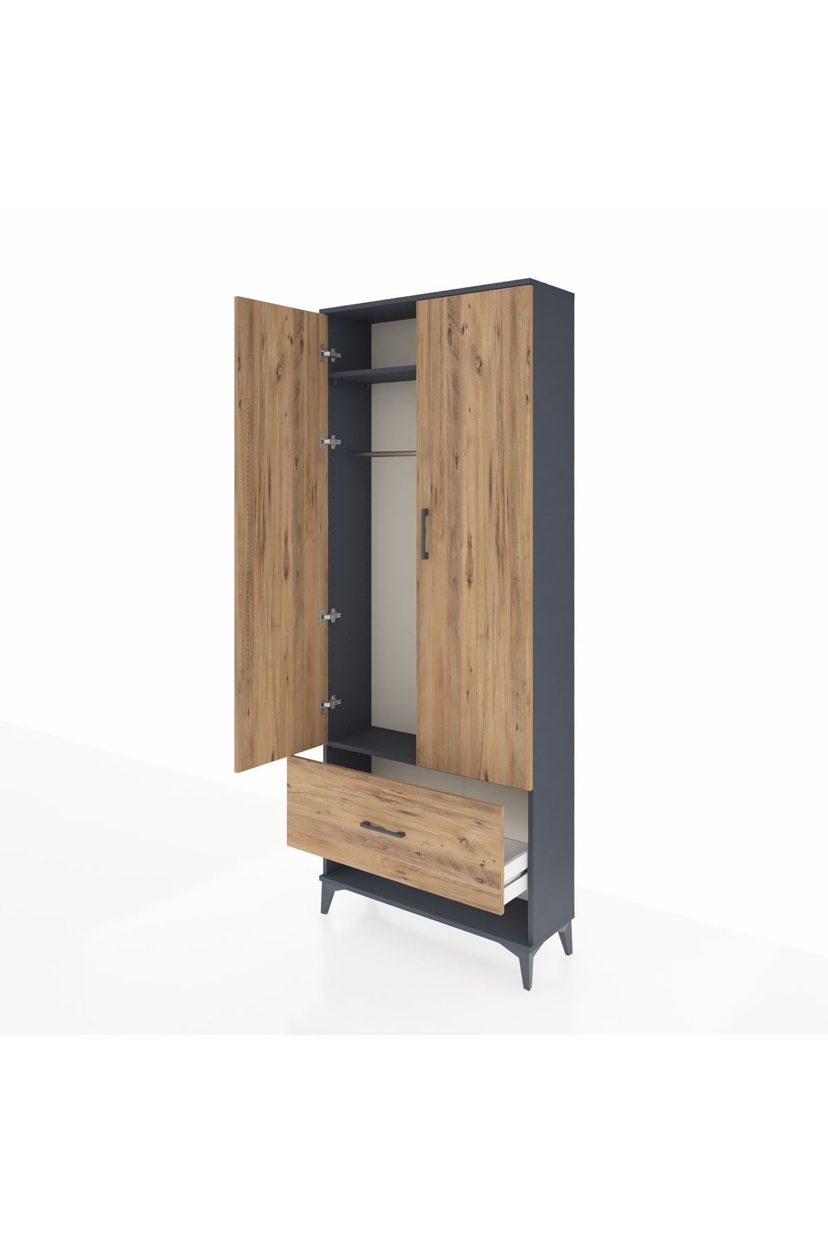 Arges Dolap 2 Raflı Tek Çekmeceli Tek Askılı 88x30x221 Antrasit-Çam